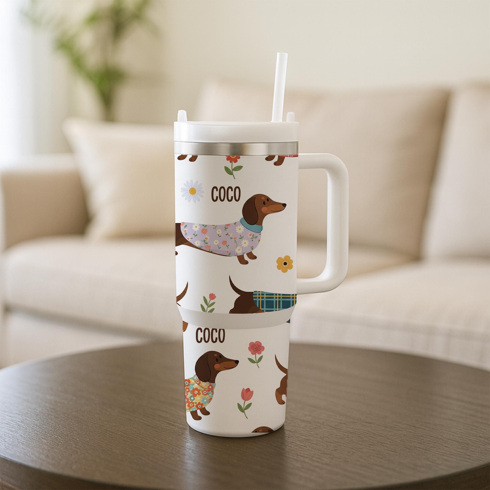 40 oz Personalized Dachshund Tumbler with Handle & Straw – Custom Dog Lover Travel Tumbler, Sausage Dog Gift, Cute Wiener Dog Cup, Dog Lover