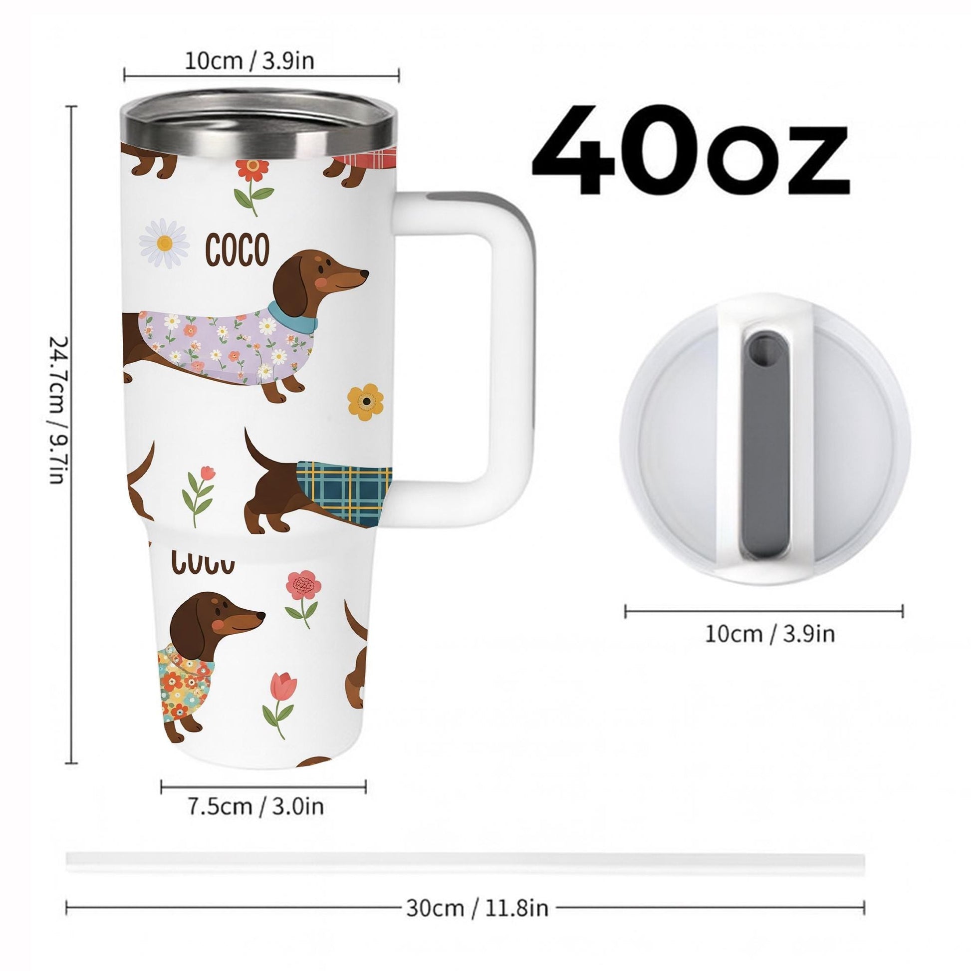 40 oz Personalized Dachshund Tumbler with Handle & Straw – Custom Dog Lover Travel Tumbler, Sausage Dog Gift, Cute Wiener Dog Cup, Dog Lover