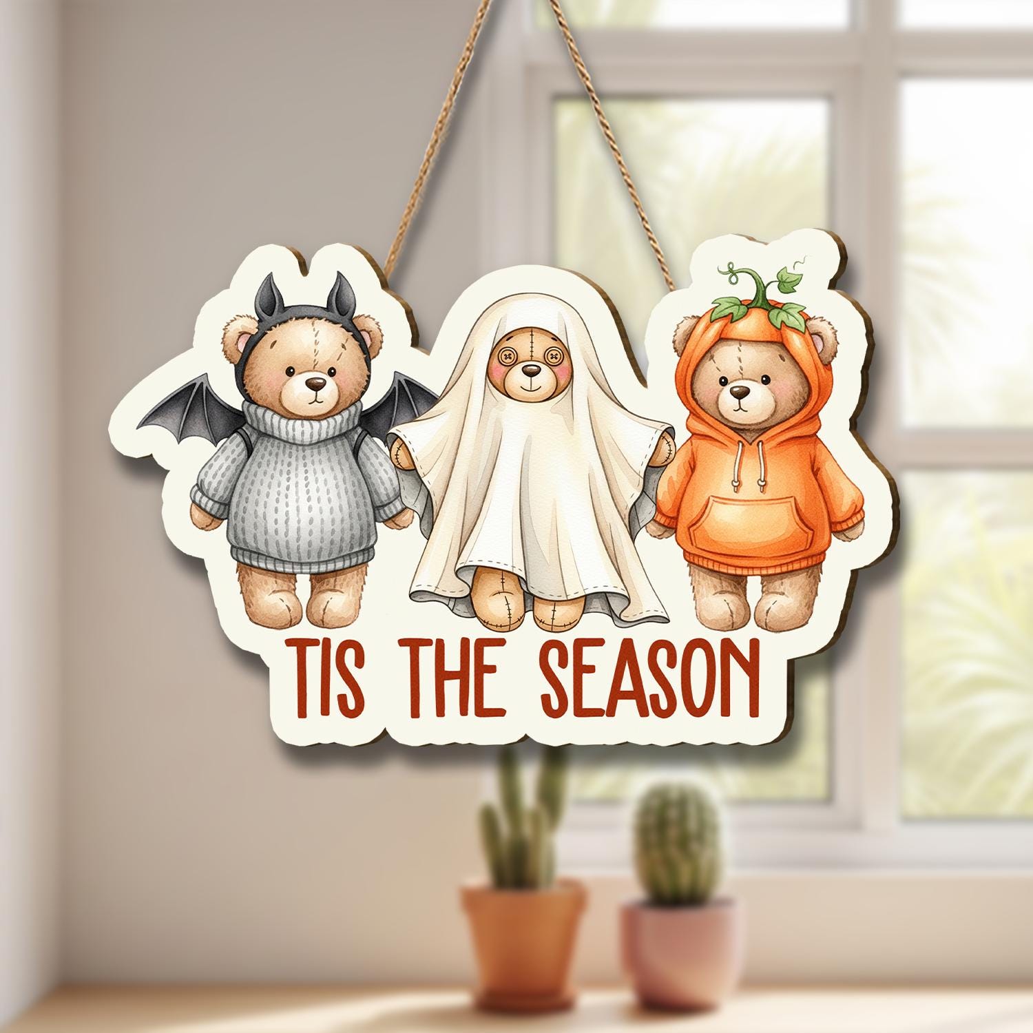Halloween Cute Bear Door Hanger – Cute Fall Front Door Decoration with Pumpkin, Ghost & Bat Bears, ’Tis The Season Autumn Décor, Home Decor