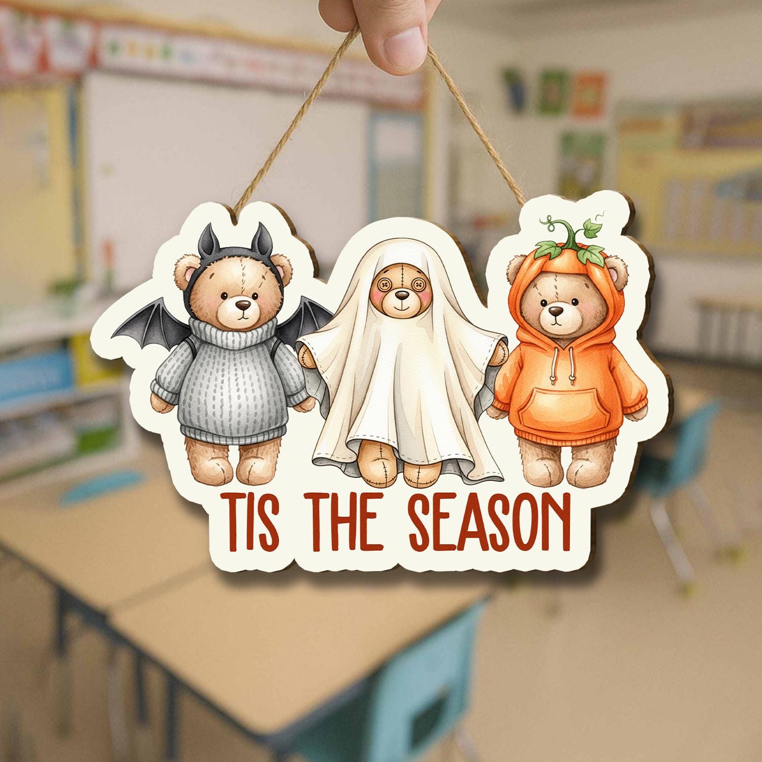 Halloween Cute Bear Door Hanger – Cute Fall Front Door Decoration with Pumpkin, Ghost & Bat Bears, ’Tis The Season Autumn Décor, Home Decor