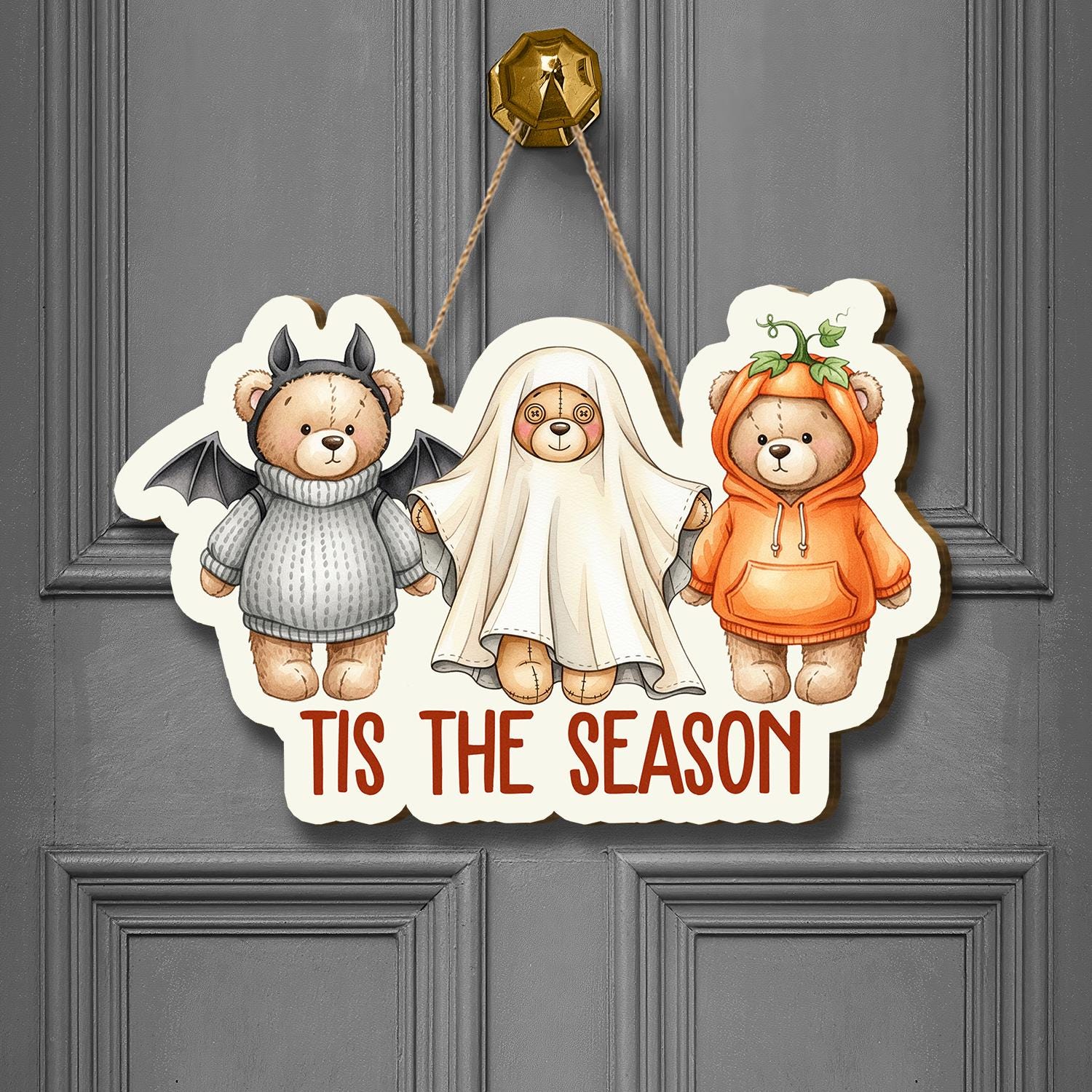 Halloween Cute Bear Door Hanger – Cute Fall Front Door Decoration with Pumpkin, Ghost & Bat Bears, ’Tis The Season Autumn Décor, Home Decor
