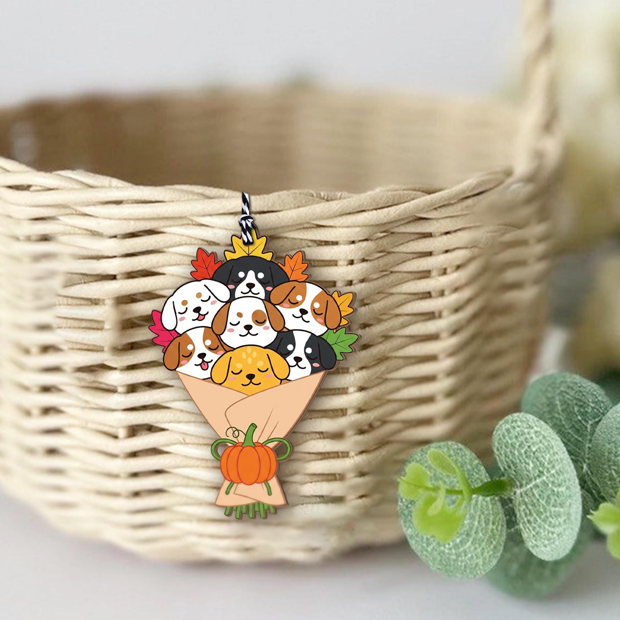 Fall Dog Bouquet Basket Tag – Cute Puppy Gift Tag with Pumpkin & Leaves, Pet Lover Ornament, Autumn Trick or Treat Basket Charm, Dog Lovers