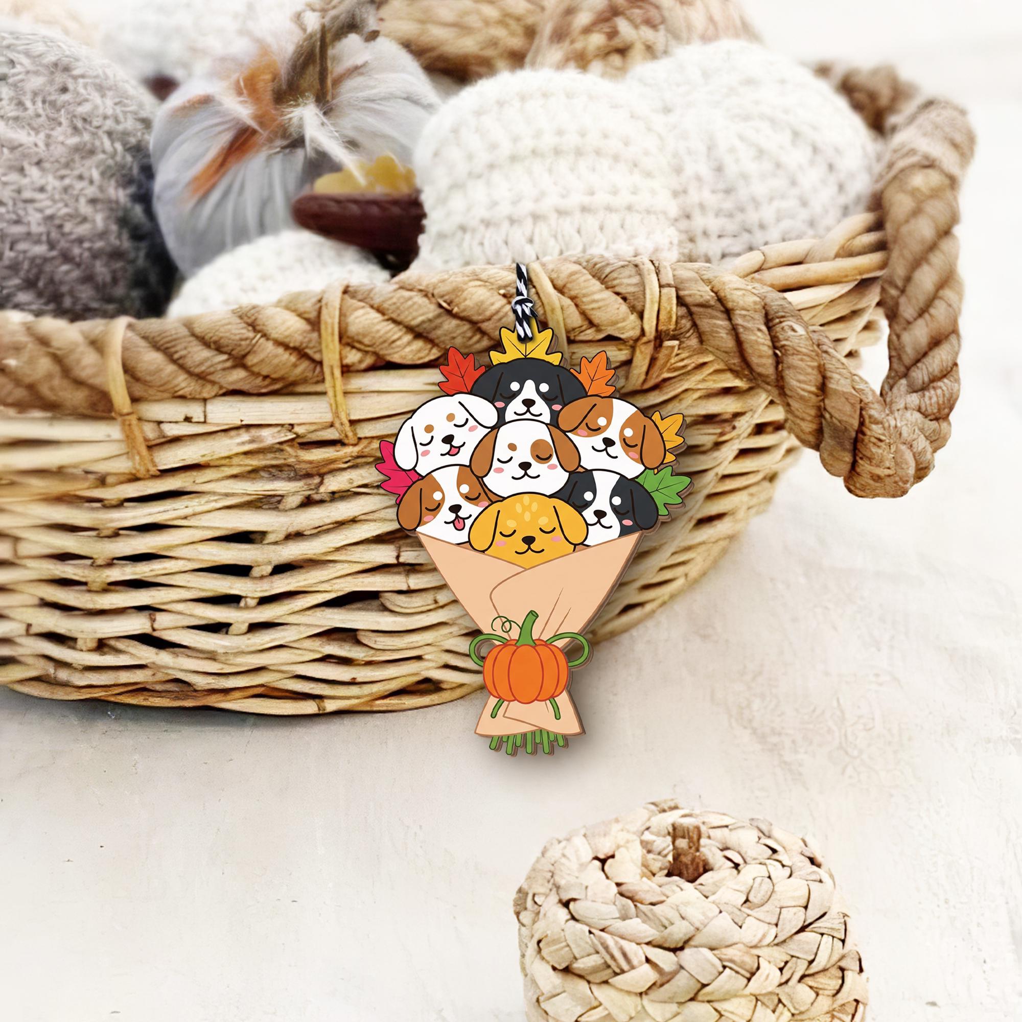 Fall Dog Bouquet Basket Tag – Cute Puppy Gift Tag with Pumpkin & Leaves, Pet Lover Ornament, Autumn Trick or Treat Basket Charm, Dog Lovers