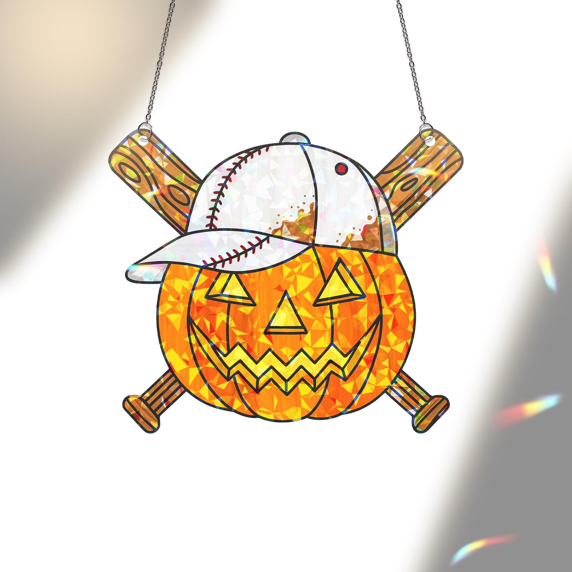 Baseball Pumpkin Suncatcher - Holographic Acrylic Halloween Window Hanging Sports Fan Fall Decor