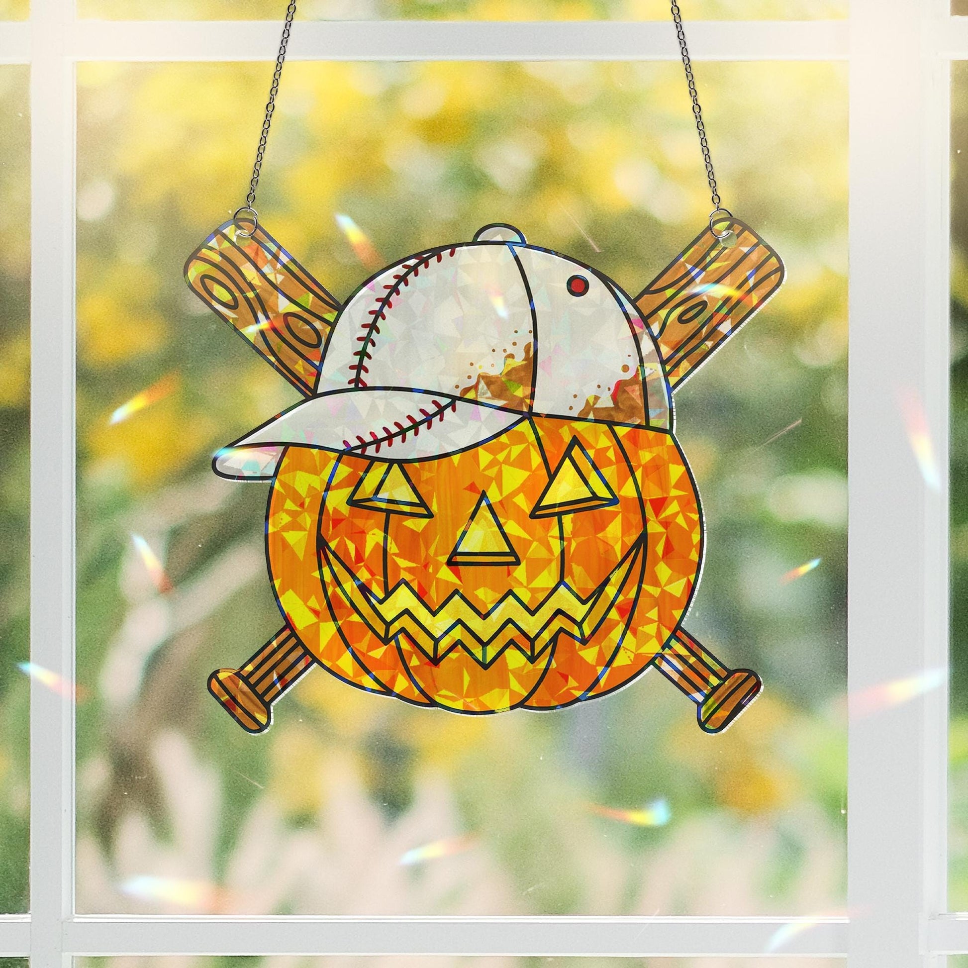 Baseball Pumpkin Suncatcher - Holographic Acrylic Halloween Window Hanging Sports Fan Fall Decor