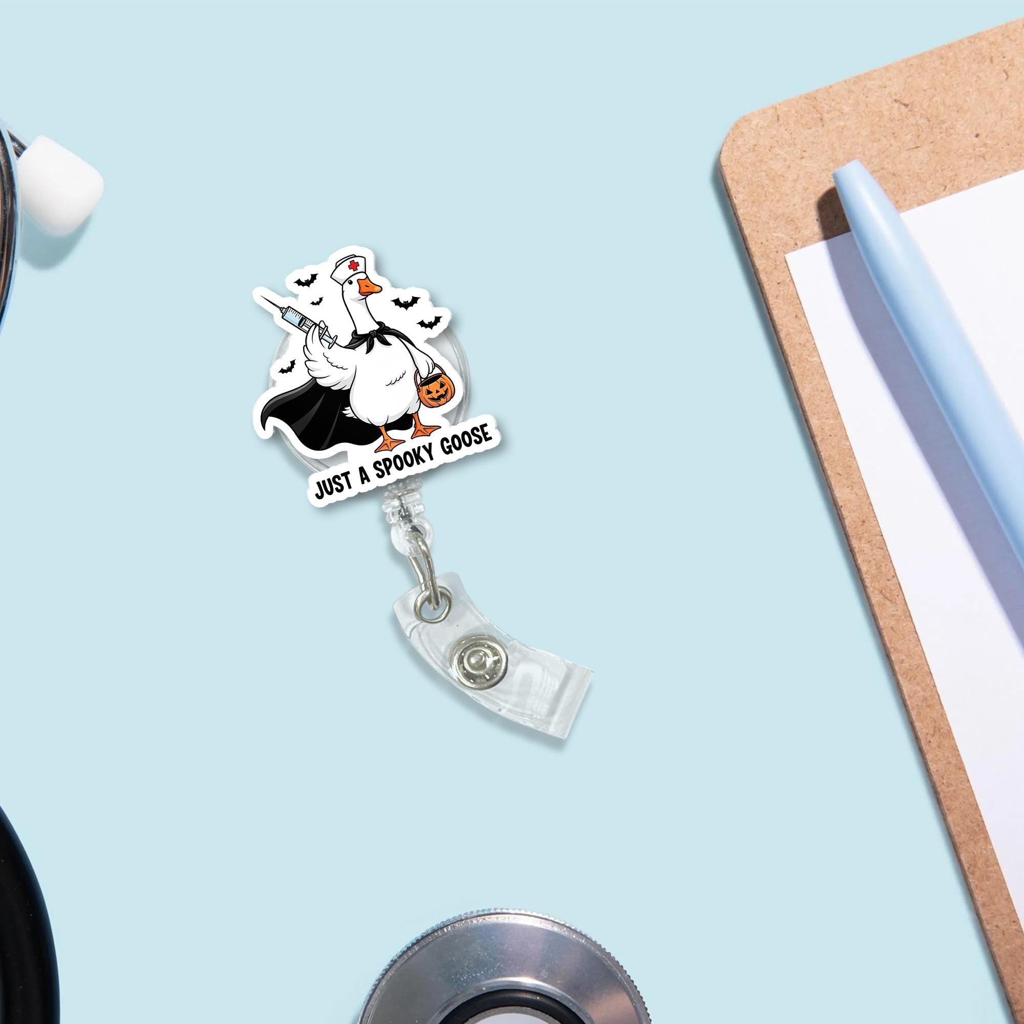 Spooky Goose Badge Reel – Funny Halloween Nurse ID Holder, Retractable Clip for Work, Cute Goose Accessory, Gift for Coworkers