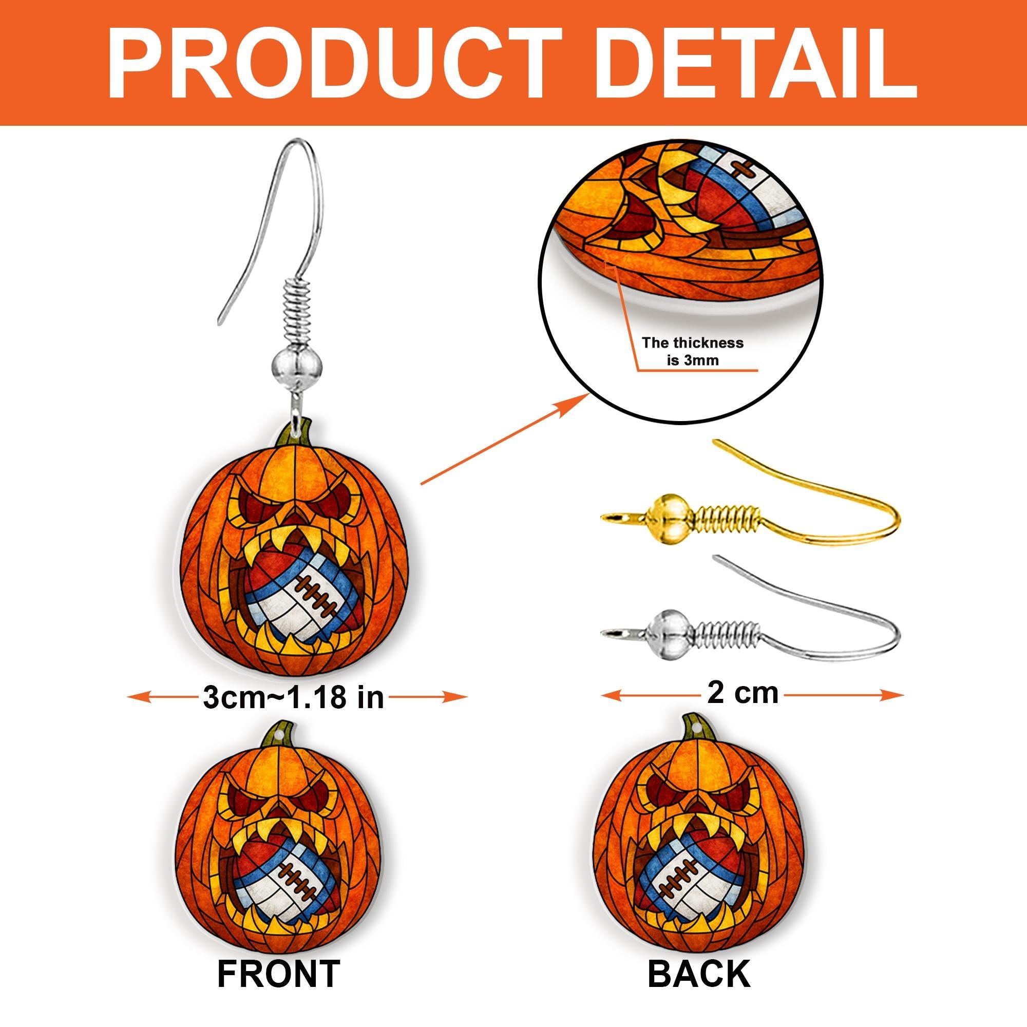 Custom Sport Ball Halloween Earrings | Pumpkin Jack O Lantern Dangle Jewelry | Fall Sports Fan Gift for Women