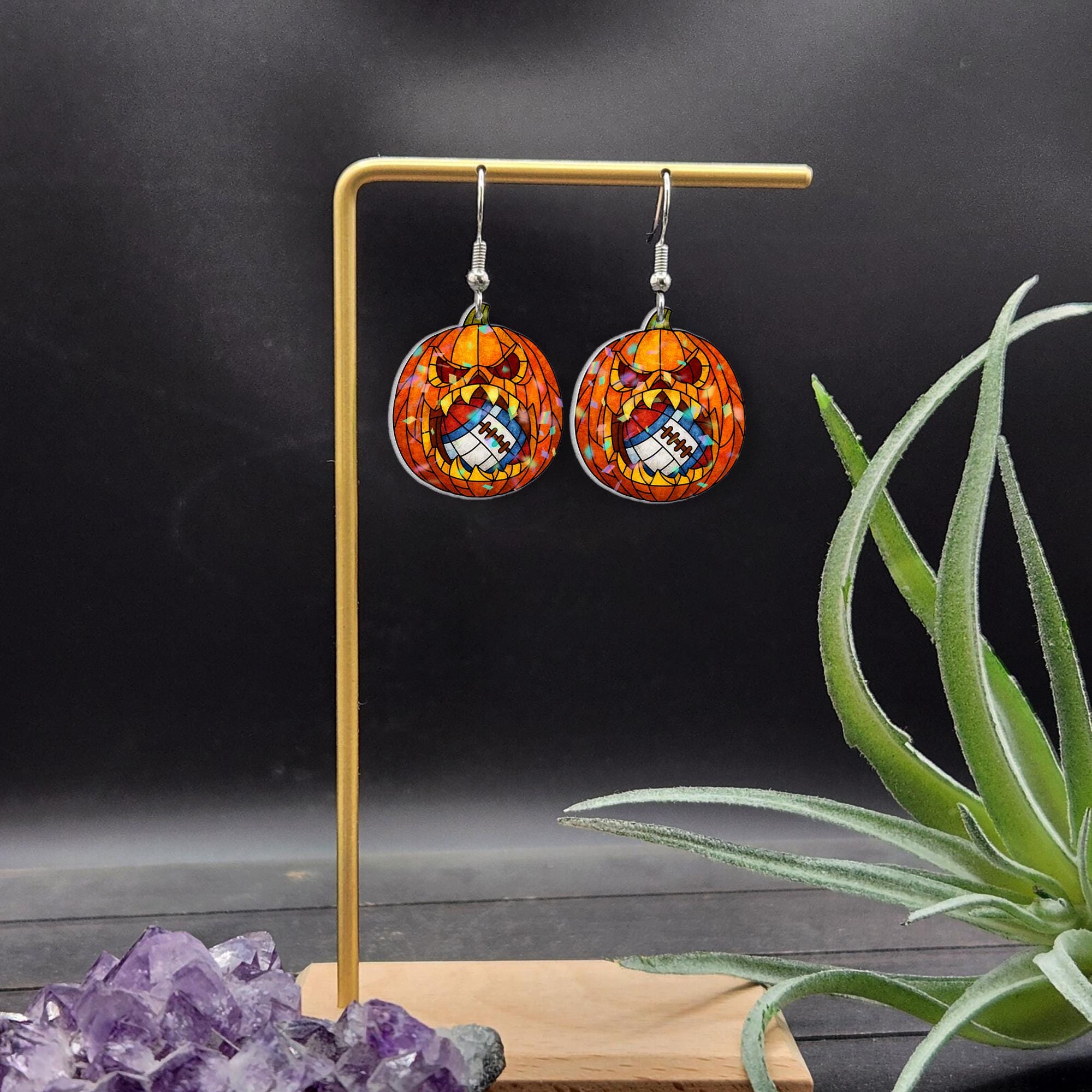 Custom Sport Ball Halloween Earrings | Pumpkin Jack O Lantern Dangle Jewelry | Fall Sports Fan Gift for Women