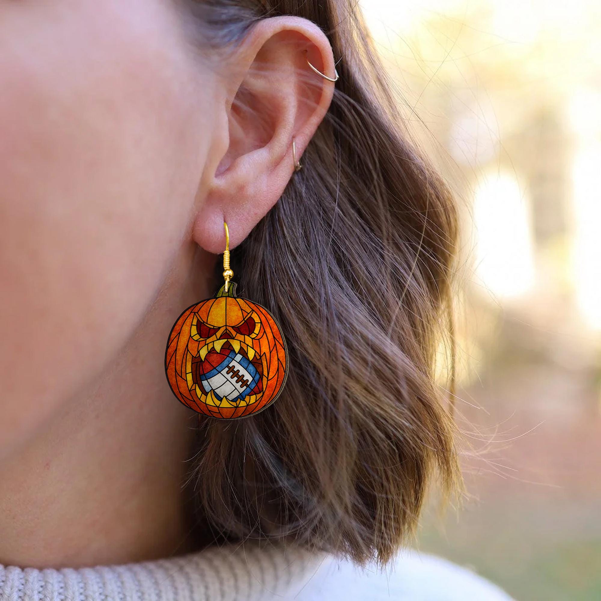 Custom Sport Ball Halloween Earrings | Pumpkin Jack O Lantern Dangle Jewelry | Fall Sports Fan Gift for Women