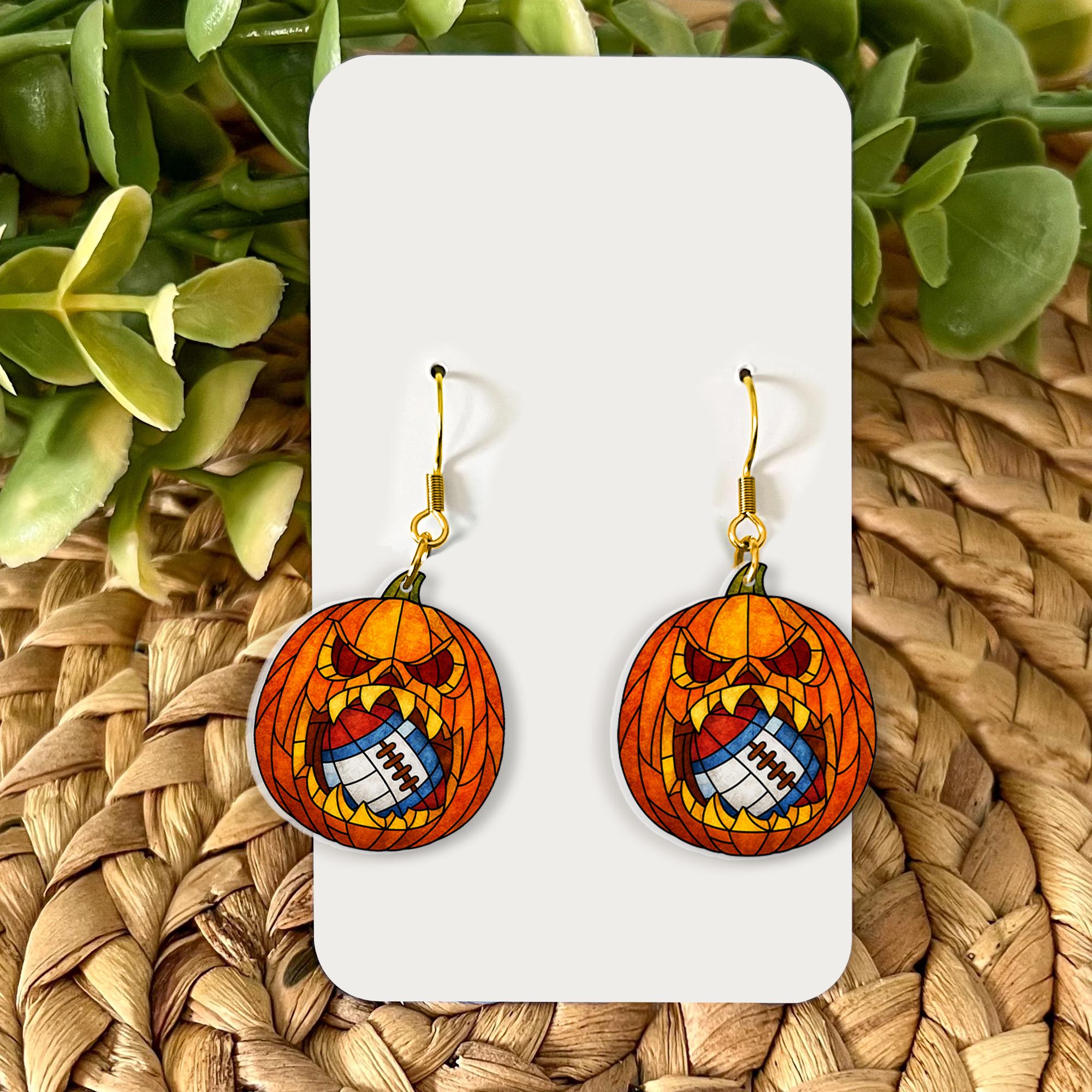 Custom Sport Ball Halloween Earrings | Pumpkin Jack O Lantern Dangle Jewelry | Fall Sports Fan Gift for Women
