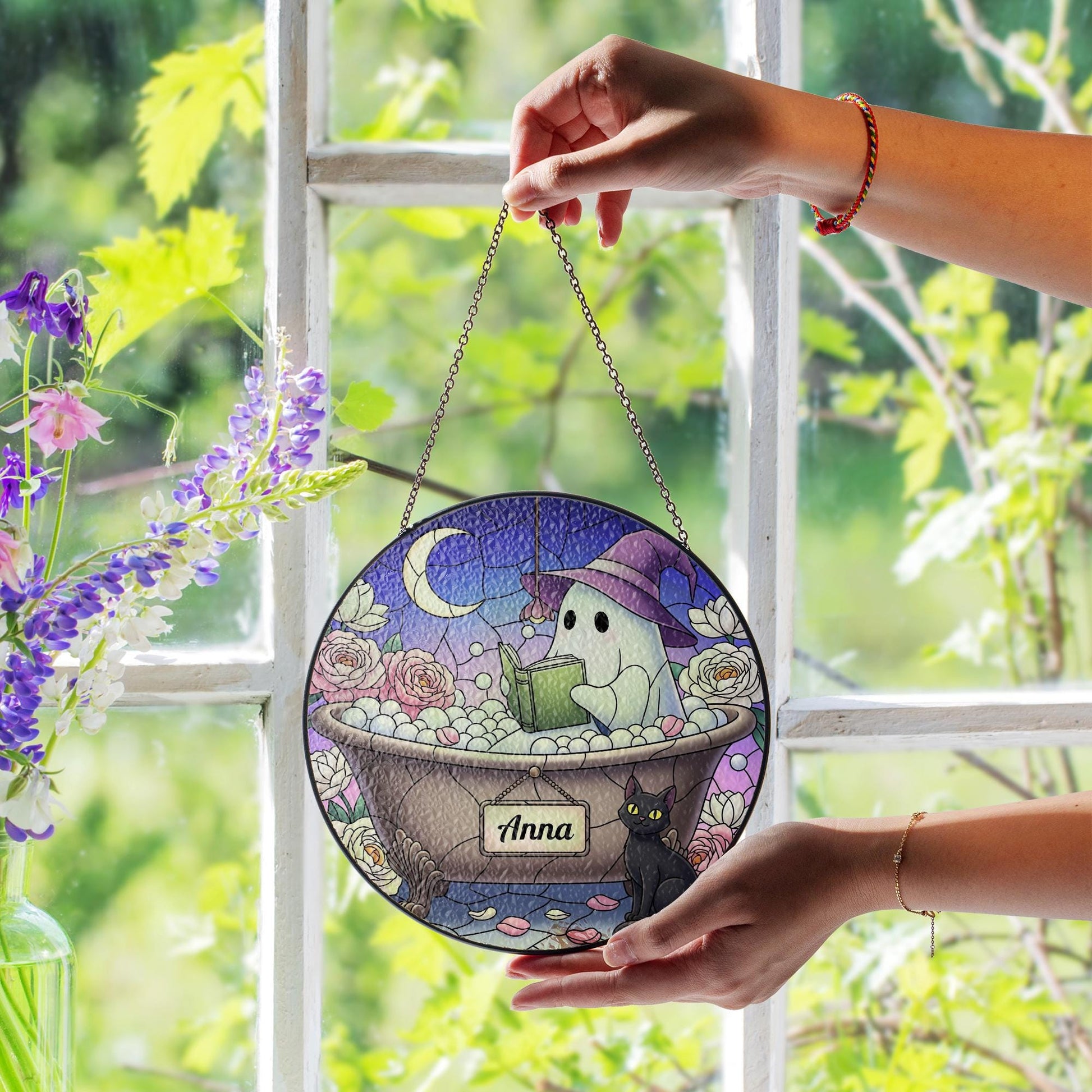 Custom Ghost Suncatcher | Faux Stained Glass Window Hanging | Witchy Cat Moon Decor | Personalized Halloween Gothic Gift