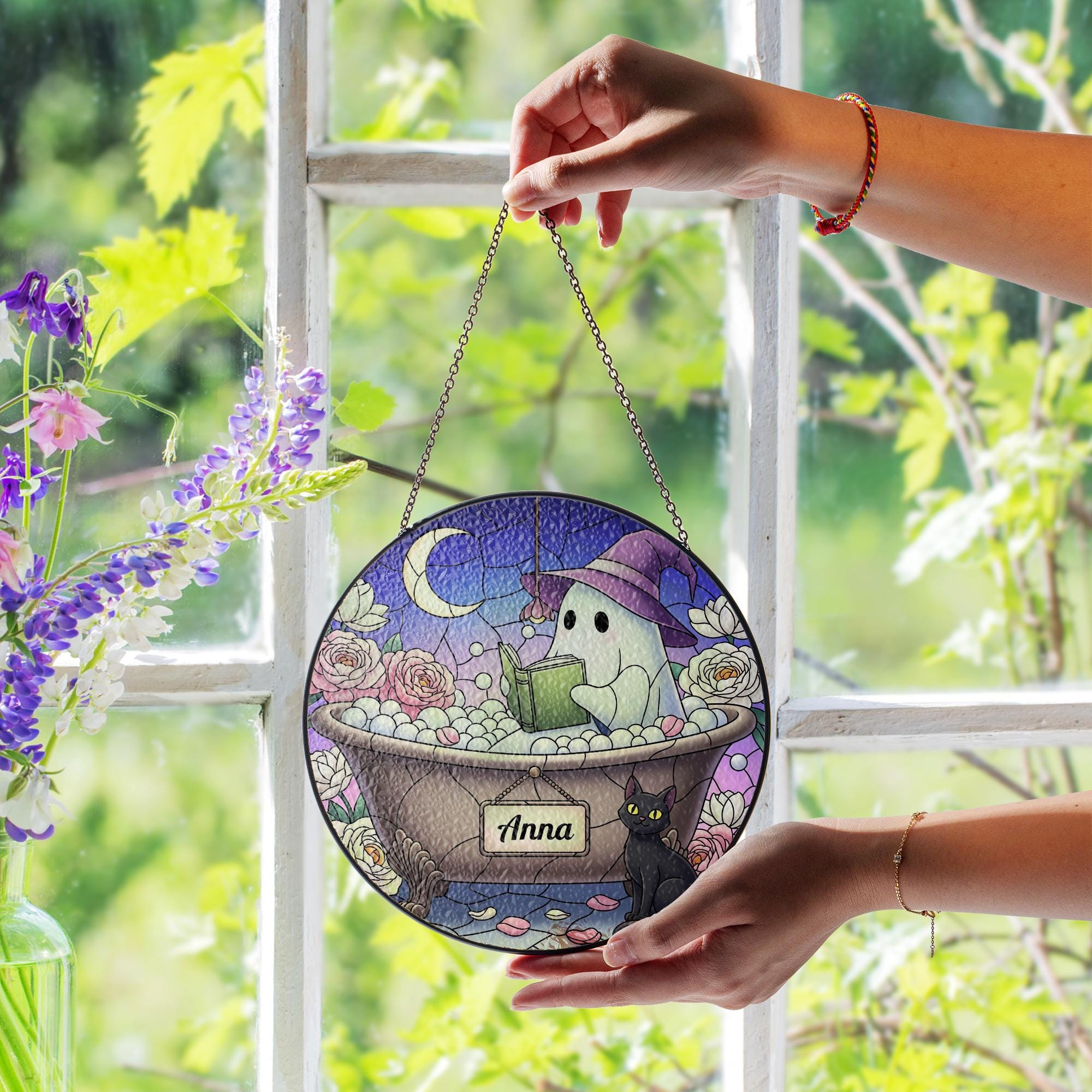 Custom Ghost Suncatcher | Faux Stained Glass Window Hanging | Witchy Cat Moon Decor | Personalized Halloween Gothic Gift