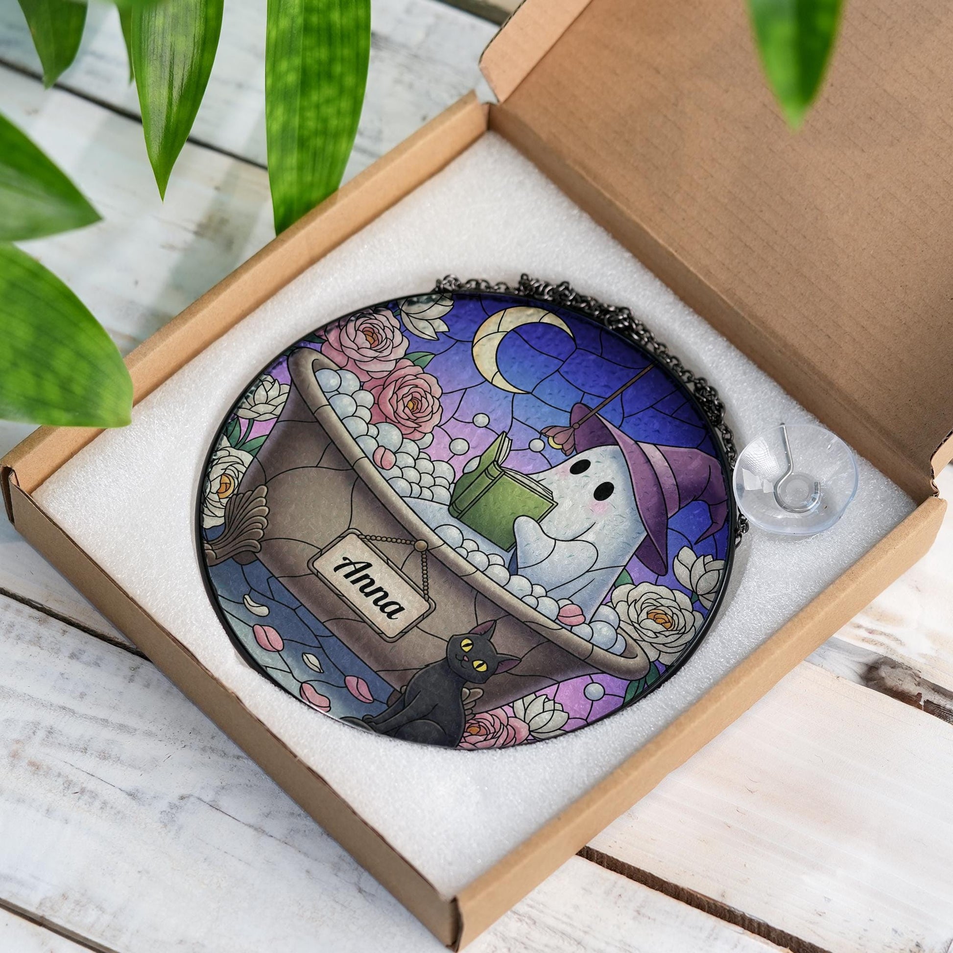 Custom Ghost Suncatcher | Faux Stained Glass Window Hanging | Witchy Cat Moon Decor | Personalized Halloween Gothic Gift