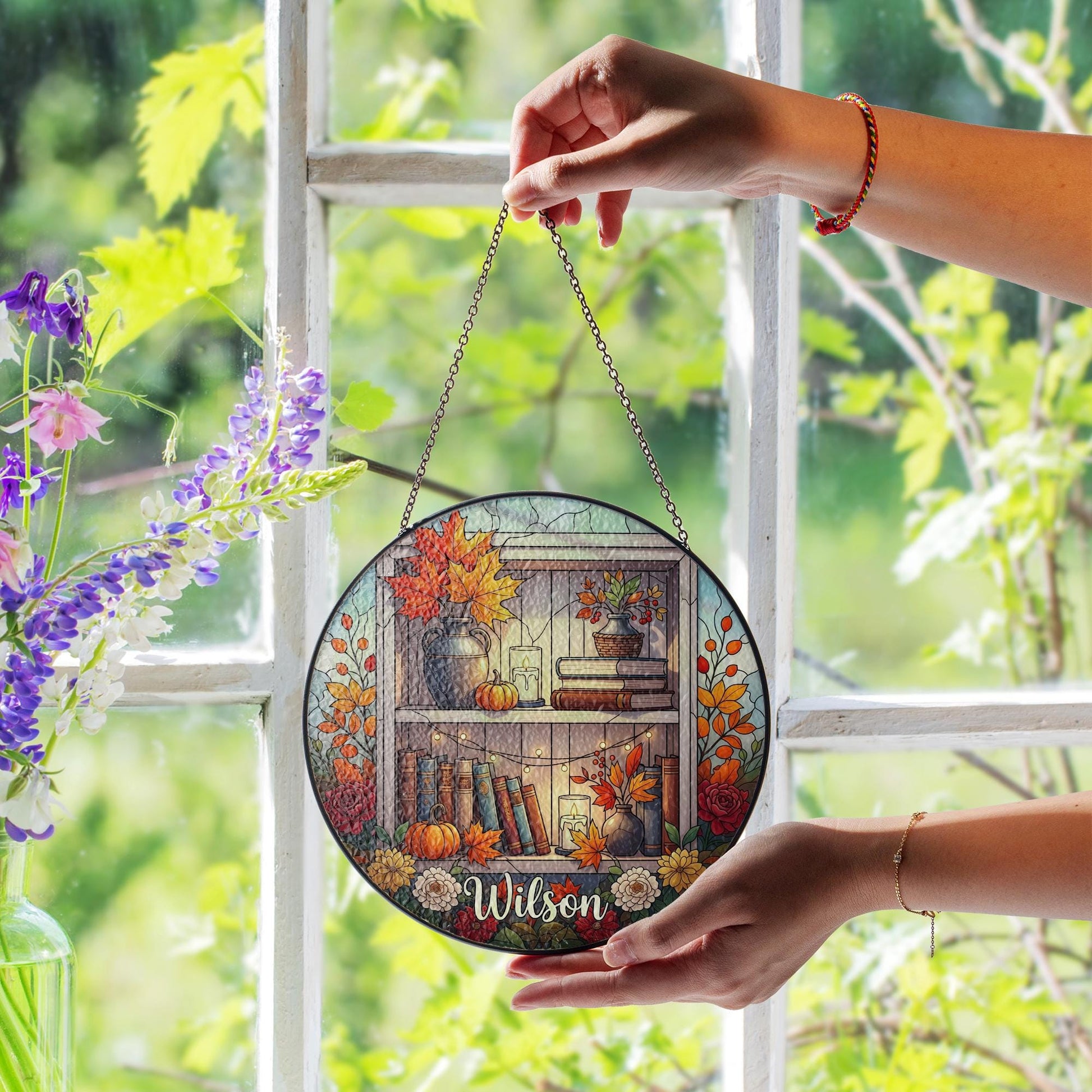 Custom Bookshelf Suncatcher | Faux Stained Glass Fall Decor | Personalized Book Lover Gift | Autumn Pumpkin Floral Window Hanging