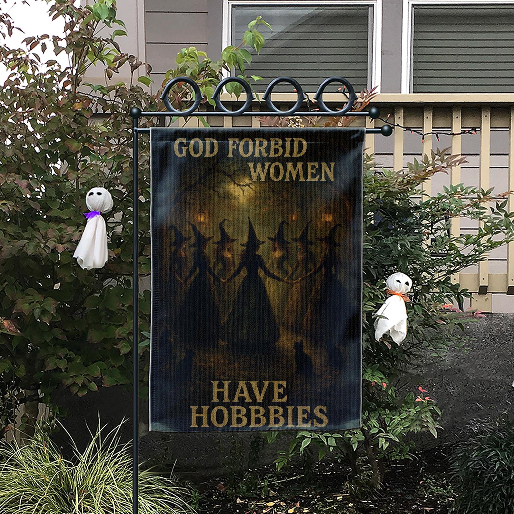 God Forbid Women Have Hobbies Flag | Funny Witch Garden Flag | Gothic Outdoor Decor | Halloween Yard Decoration
