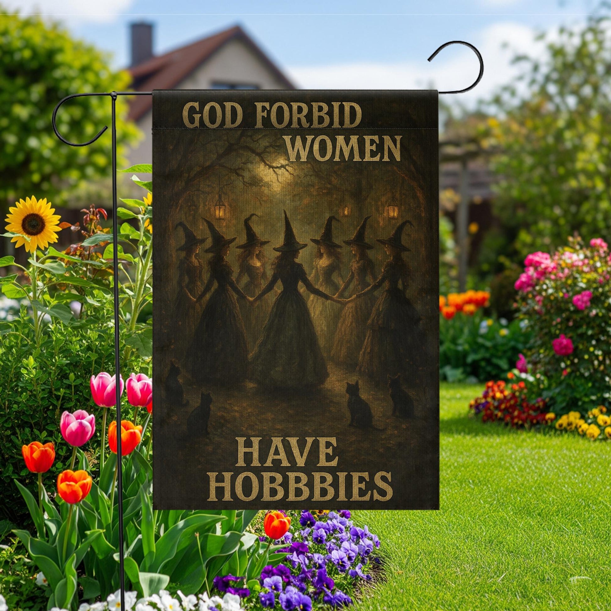 God Forbid Women Have Hobbies Flag | Funny Witch Garden Flag | Gothic Outdoor Decor | Halloween Yard Decoration