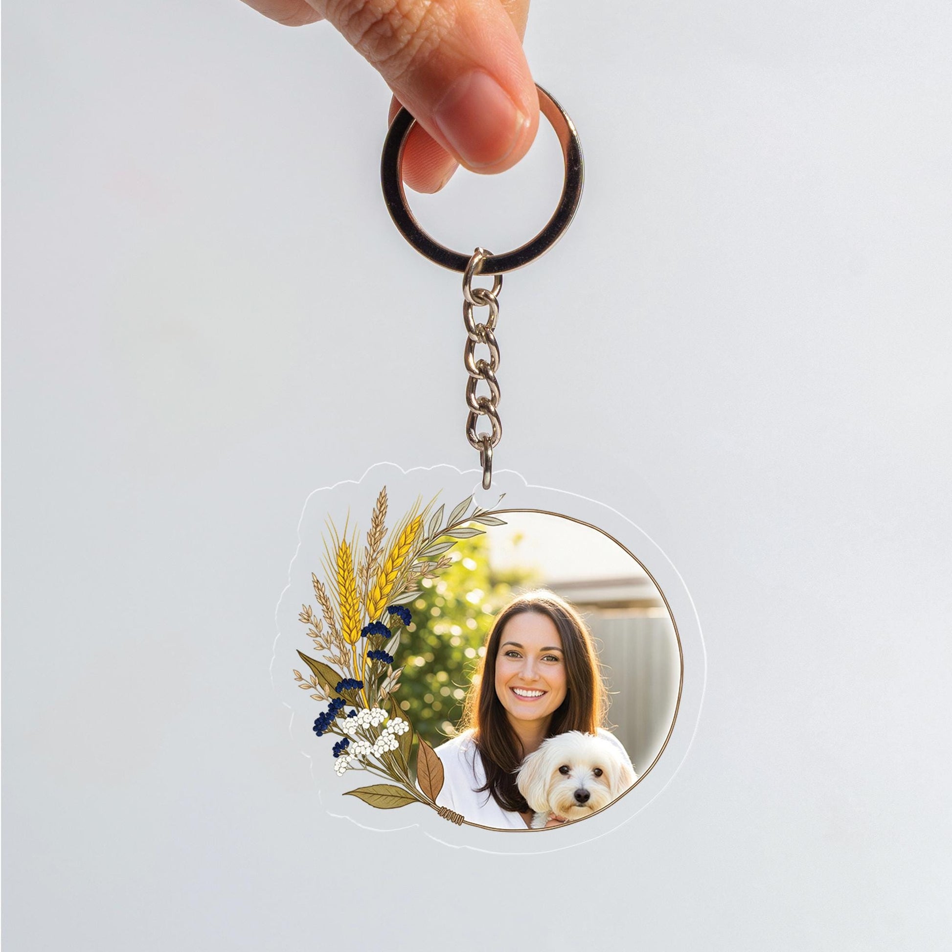 Custom Photo Keychain: Floral Design, Personalized Acrylic Keyring