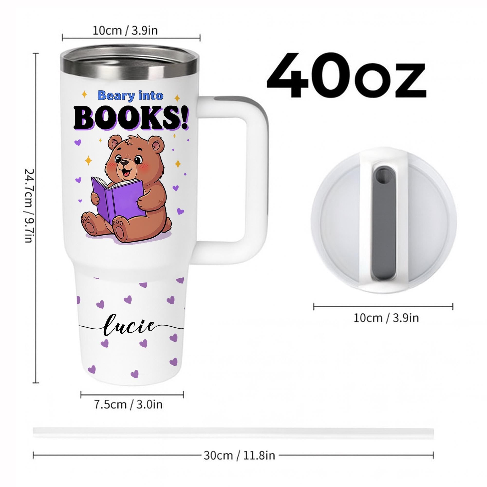 40 oz Book Lover Bear Tumbler with Handle & Straw – Beary Into Books Personalized Travel Mug, Cute Reading Gift for Teachers and Readers