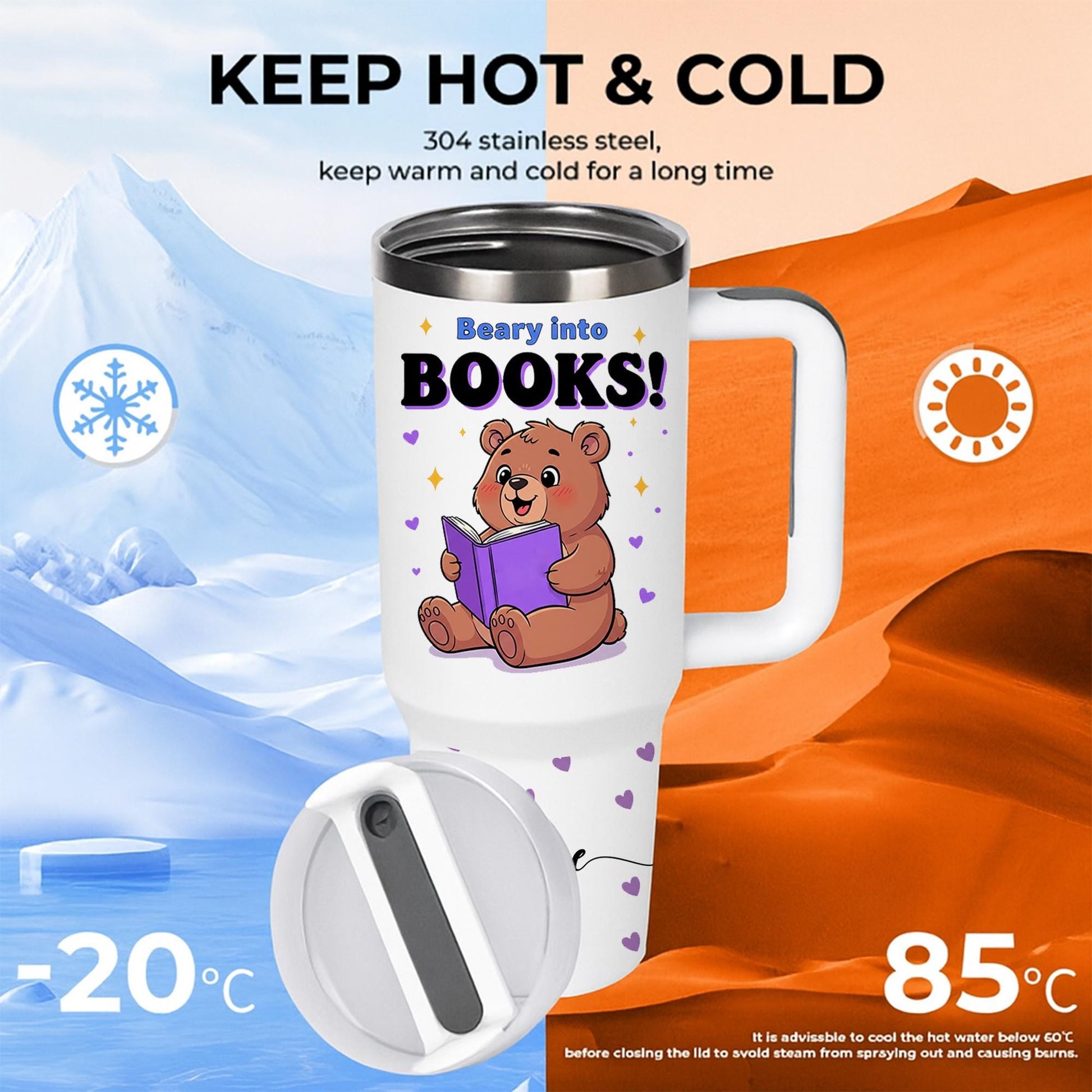 40 oz Book Lover Bear Tumbler with Handle & Straw – Beary Into Books Personalized Travel Mug, Cute Reading Gift for Teachers and Readers
