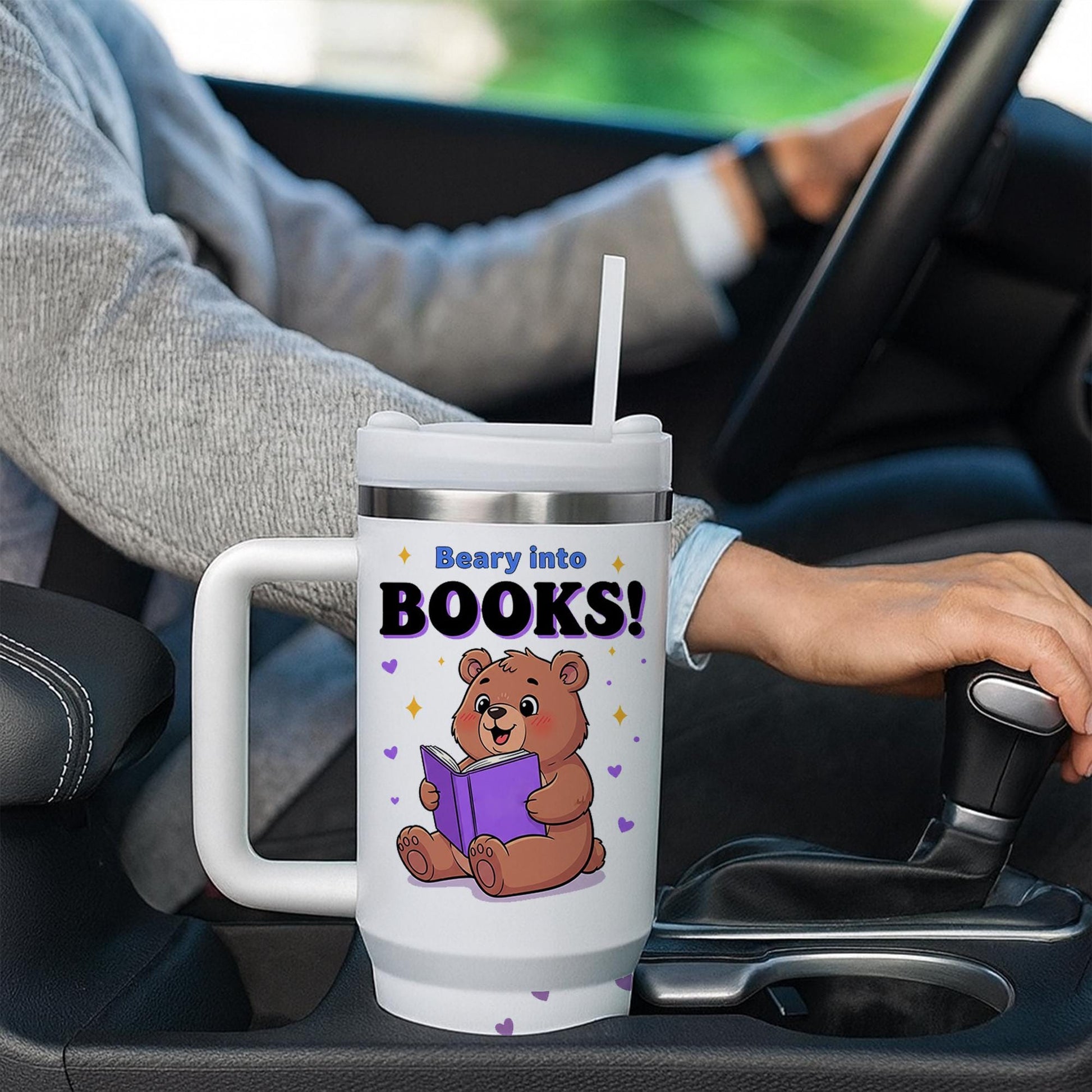 40 oz Book Lover Bear Tumbler with Handle & Straw – Beary Into Books Personalized Travel Mug, Cute Reading Gift for Teachers and Readers