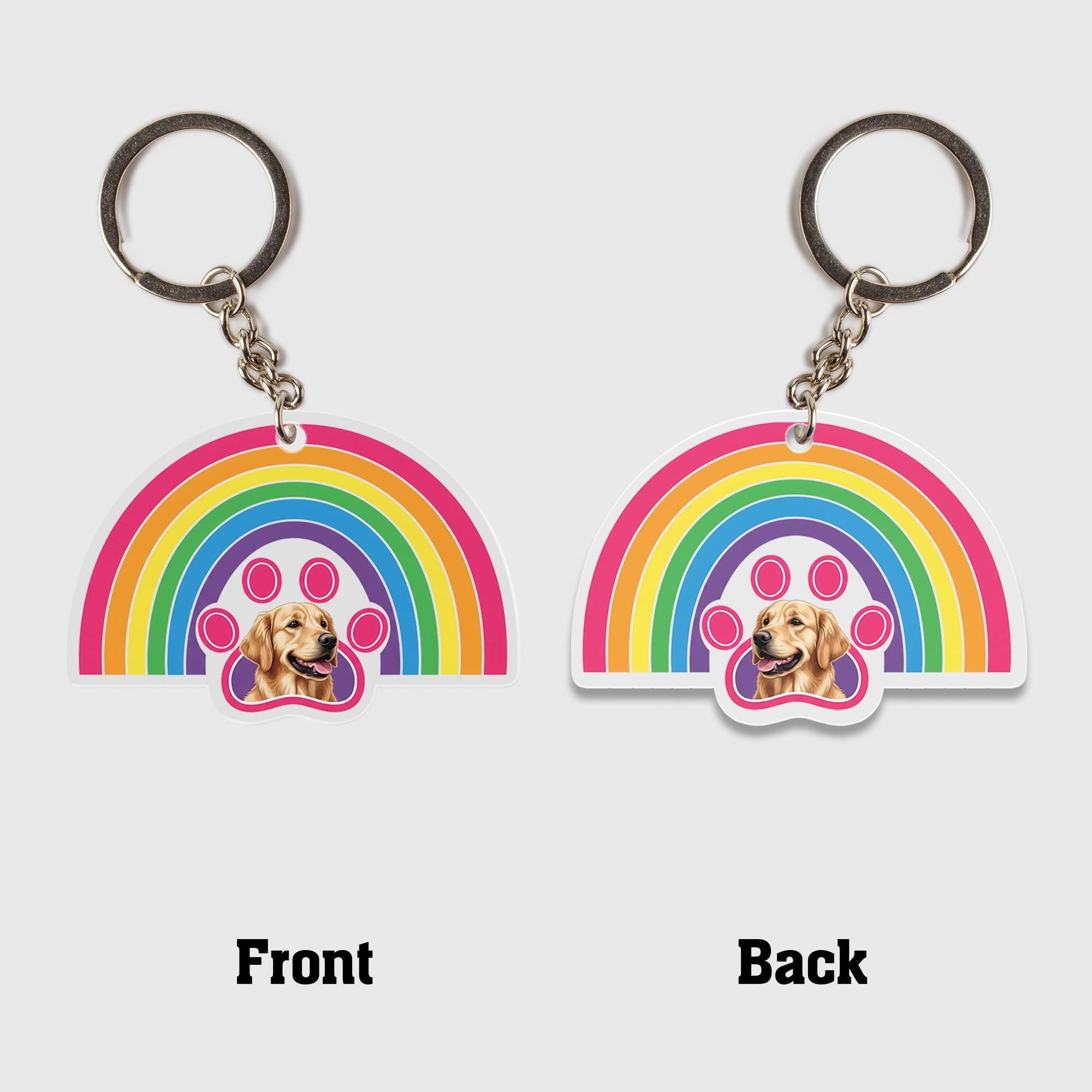Custom Pet Photo Keychain: Rainbow Paw Print Acrylic Keyring