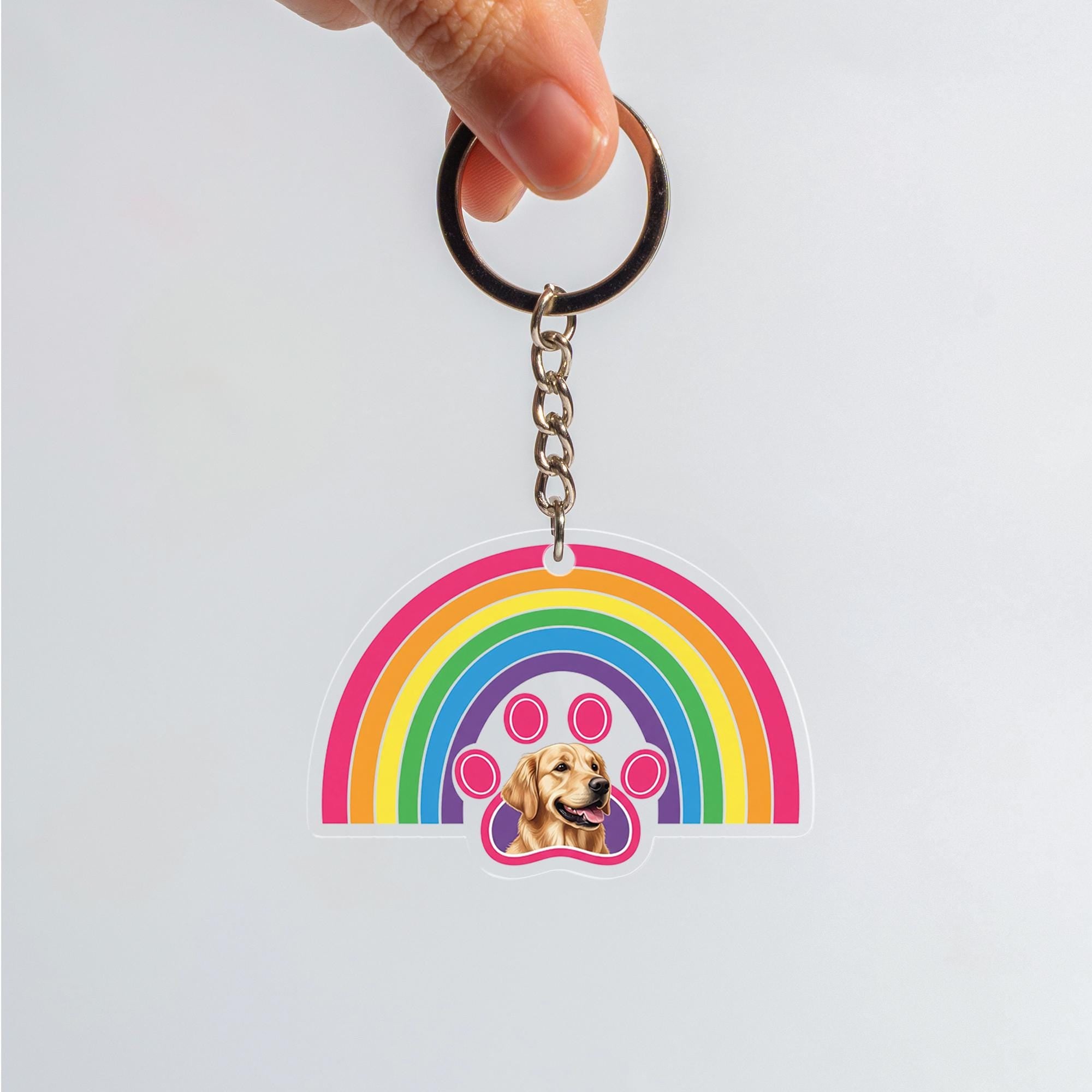 Custom Pet Photo Keychain: Rainbow Paw Print Acrylic Keyring
