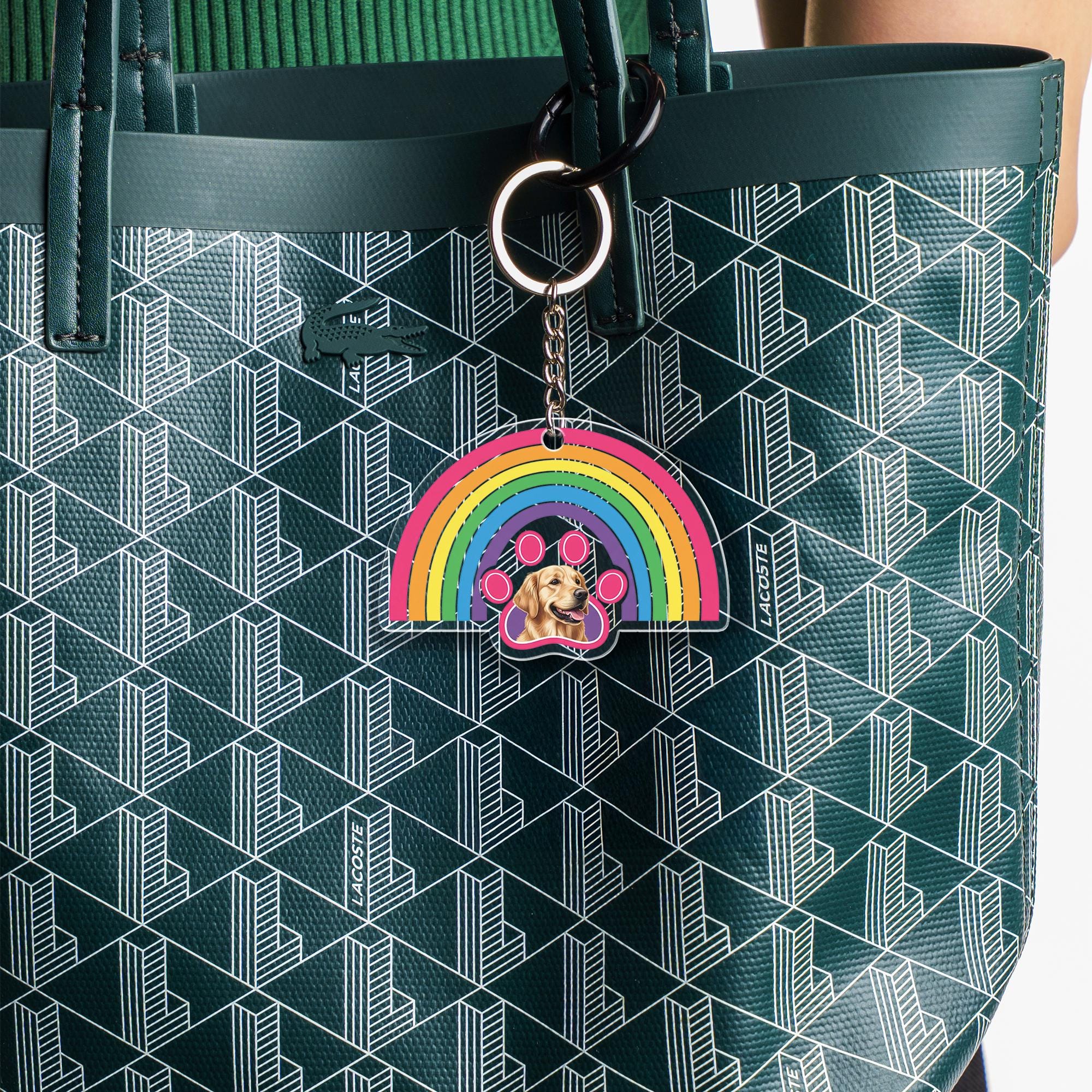Custom Pet Photo Keychain: Rainbow Paw Print Acrylic Keyring