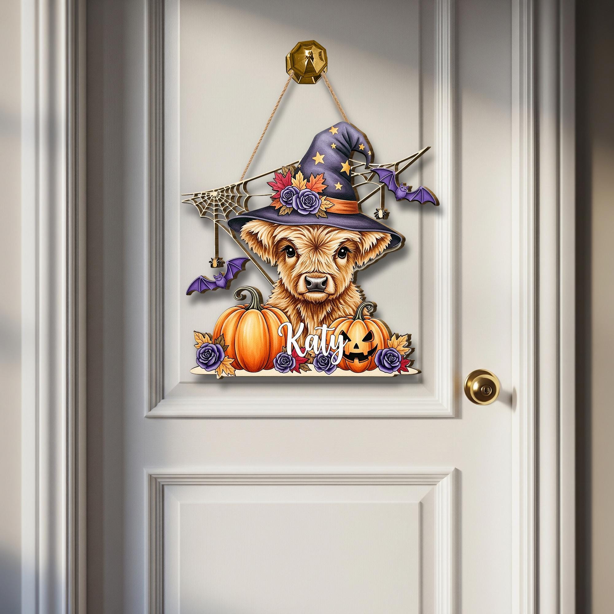 Custom Halloween Highland Cow Door Hanger: Wooden Fall Porch Decor