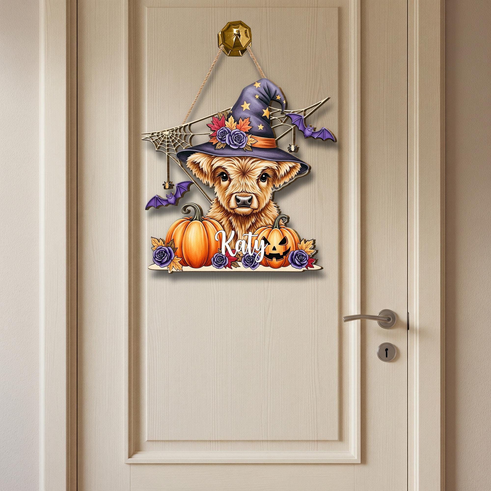 Custom Halloween Highland Cow Door Hanger: Wooden Fall Porch Decor
