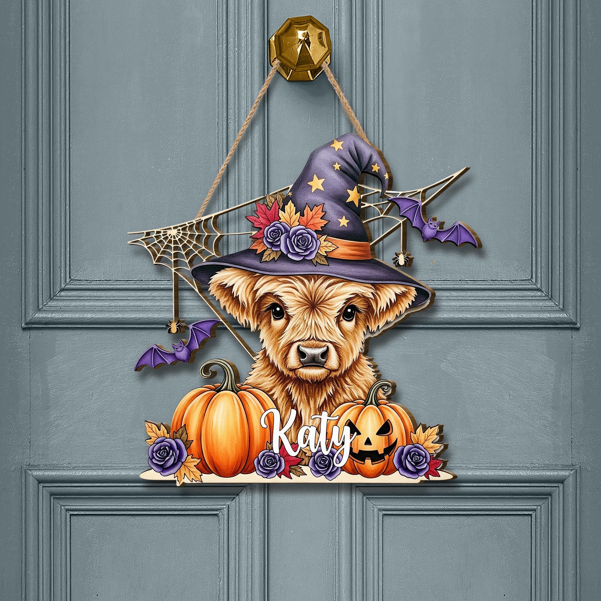 Custom Halloween Highland Cow Door Hanger: Wooden Fall Porch Decor
