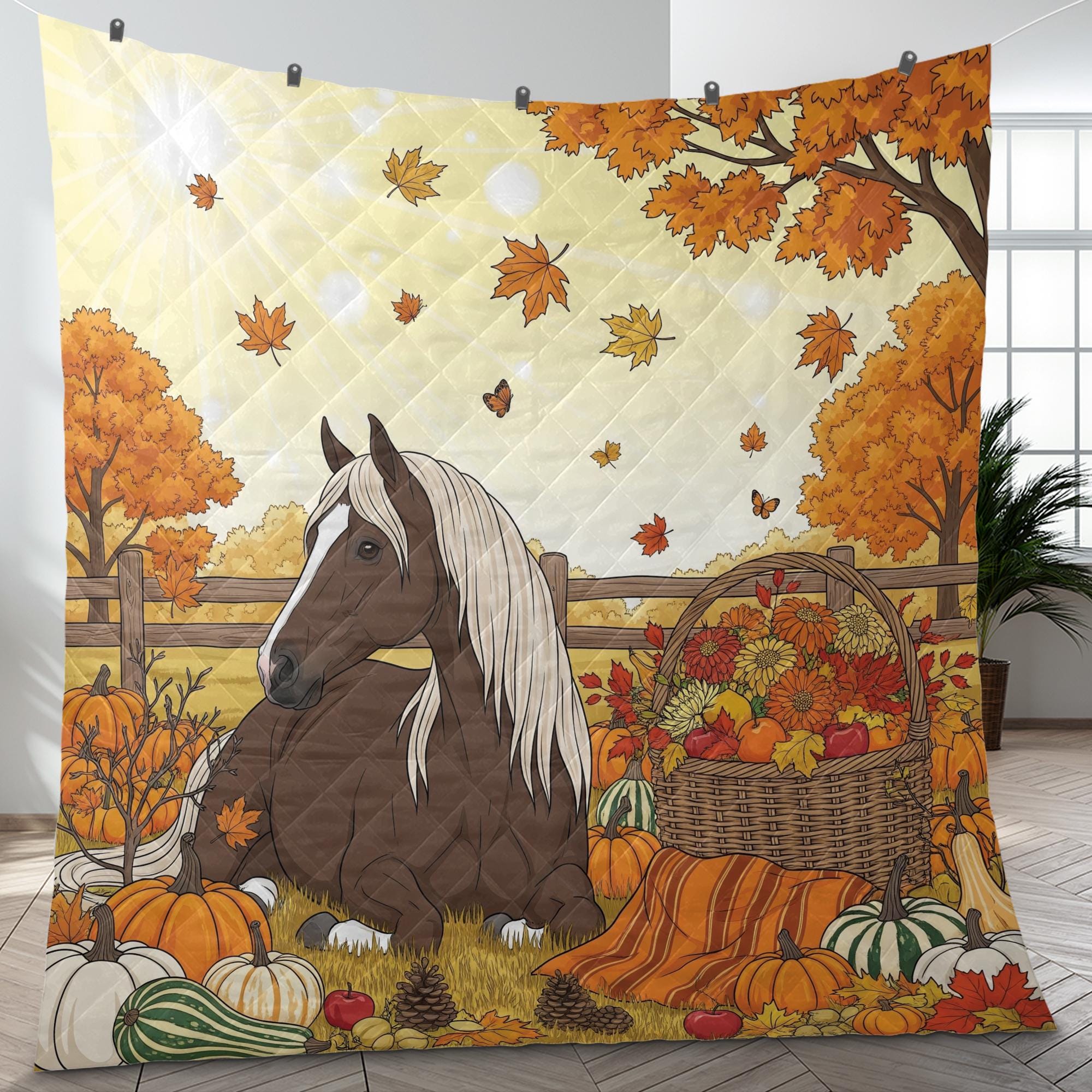 Fall Horse Blanket: Cozy Farmhouse Throw with Pumpkins & Flowers