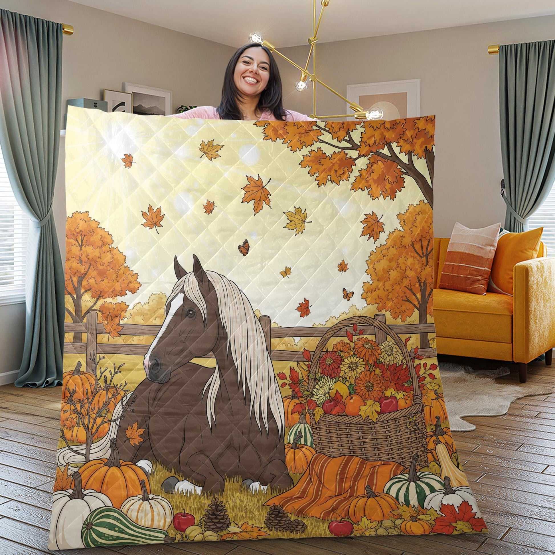 Fall Horse Blanket: Cozy Farmhouse Throw with Pumpkins & Flowers
