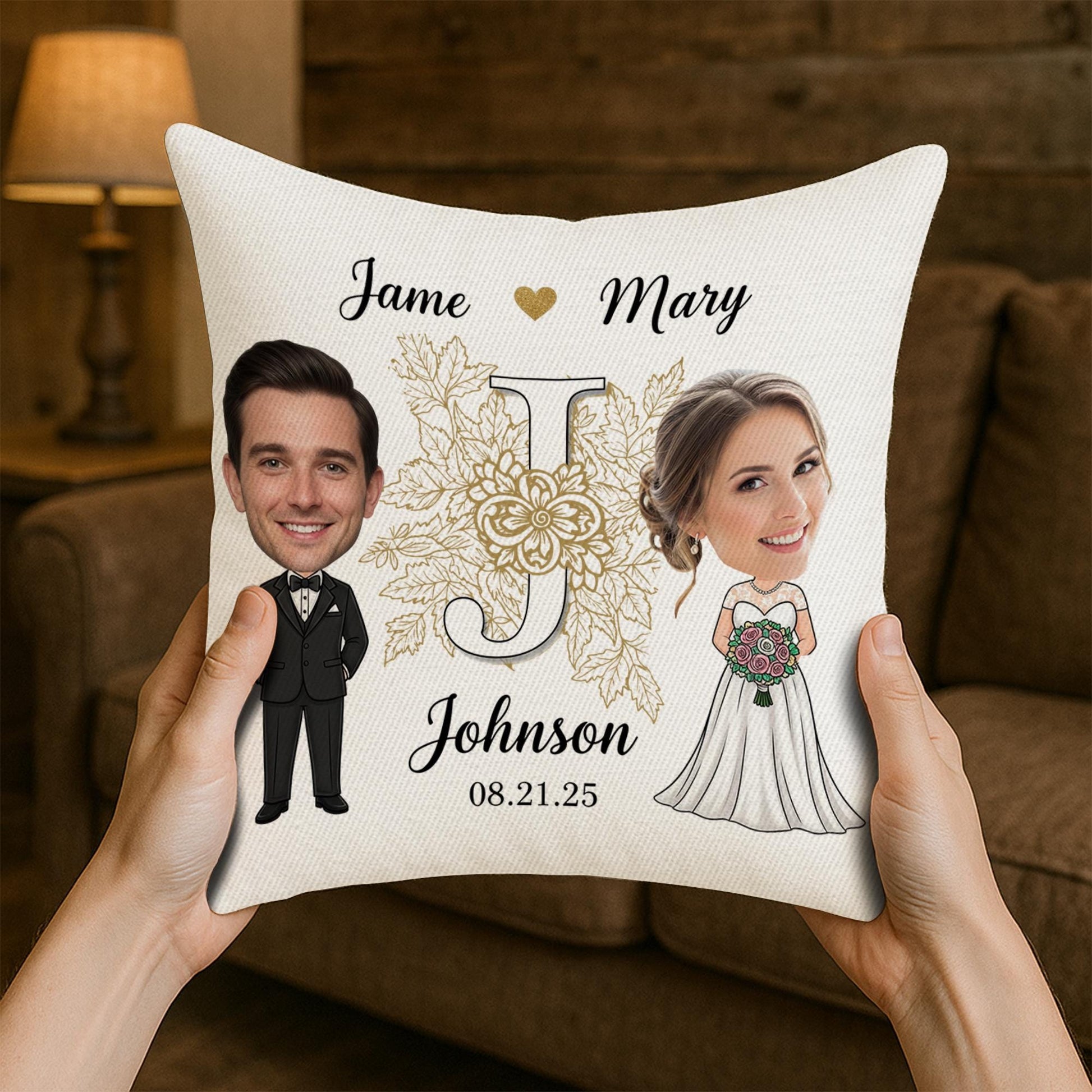 Custom Wedding Pillow - Personalized Bride & Groom Caricature Cushion with Names and Date | Unique Wedding Gift Keepsake