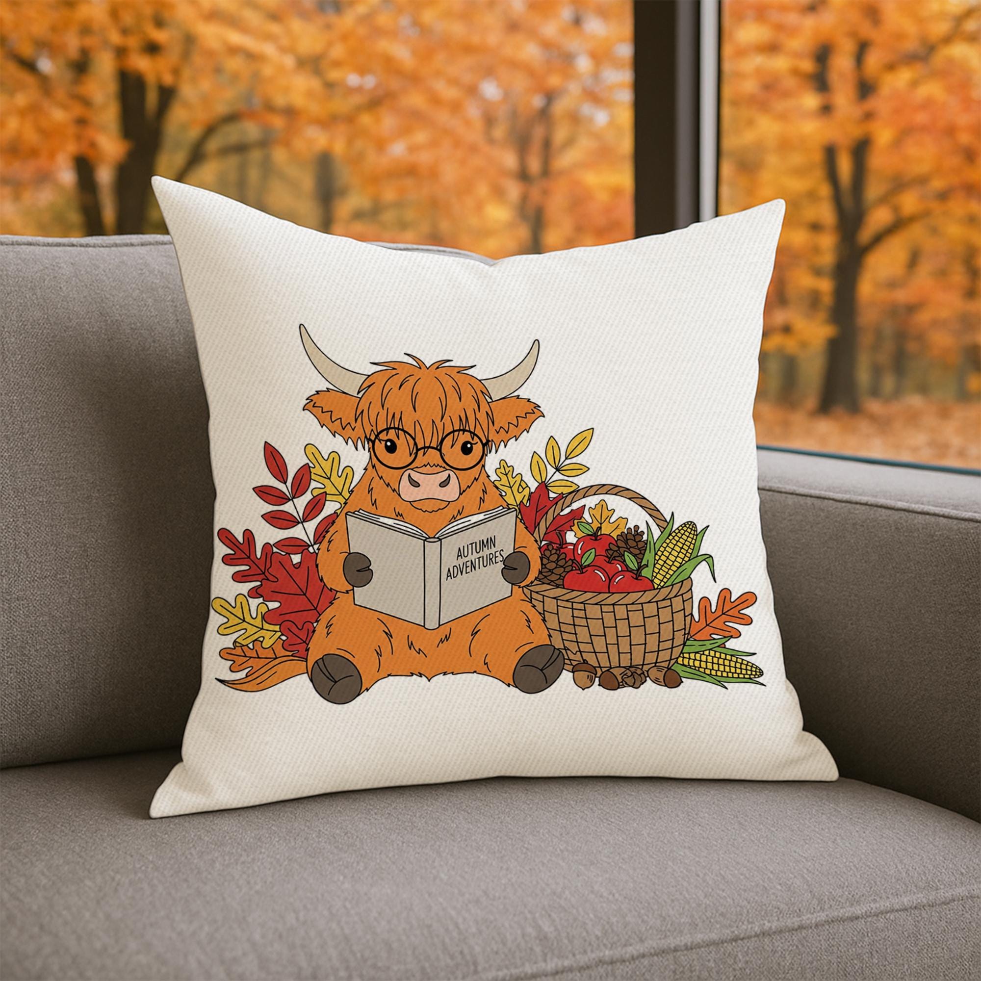 Autumn Highland Cow Pillow - Cute Fall Throw Cushion with Glasses & Harvest Basket | Rustic Farmhouse Home Decor Gift