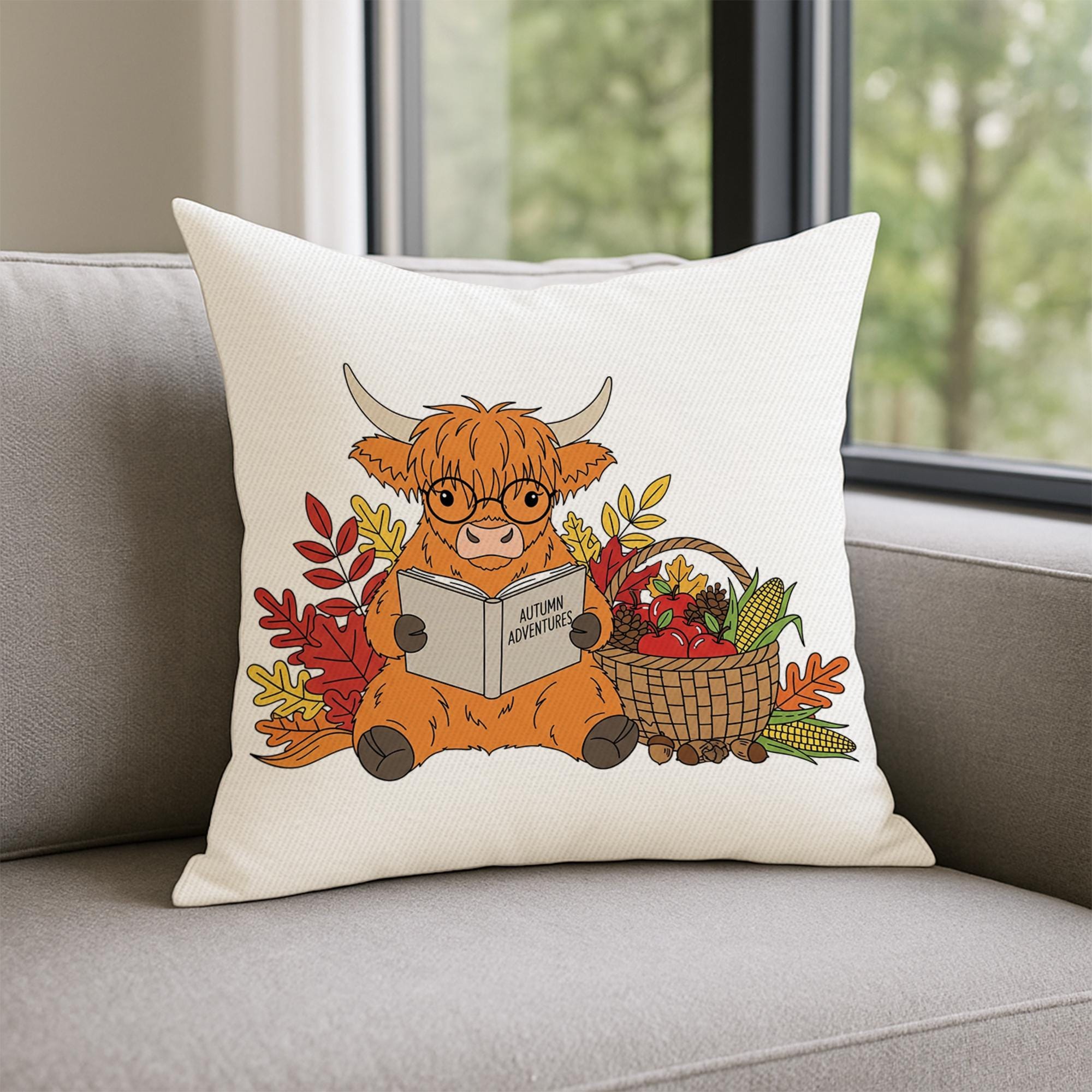Autumn Highland Cow Pillow - Cute Fall Throw Cushion with Glasses & Harvest Basket | Rustic Farmhouse Home Decor Gift