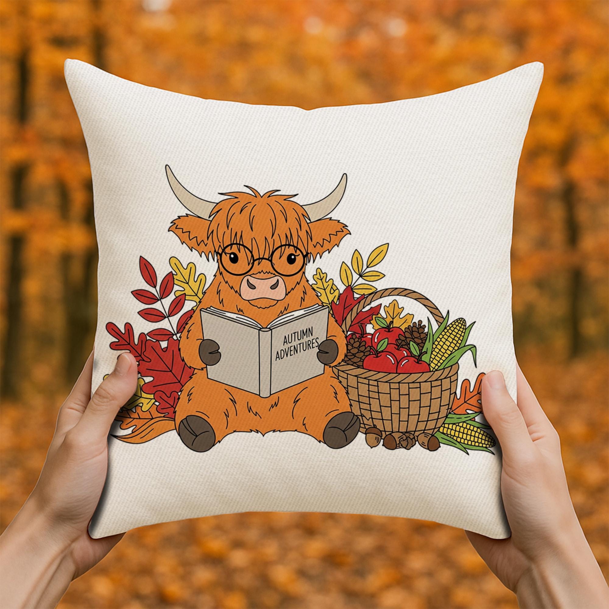 Autumn Highland Cow Pillow - Cute Fall Throw Cushion with Glasses & Harvest Basket | Rustic Farmhouse Home Decor Gift