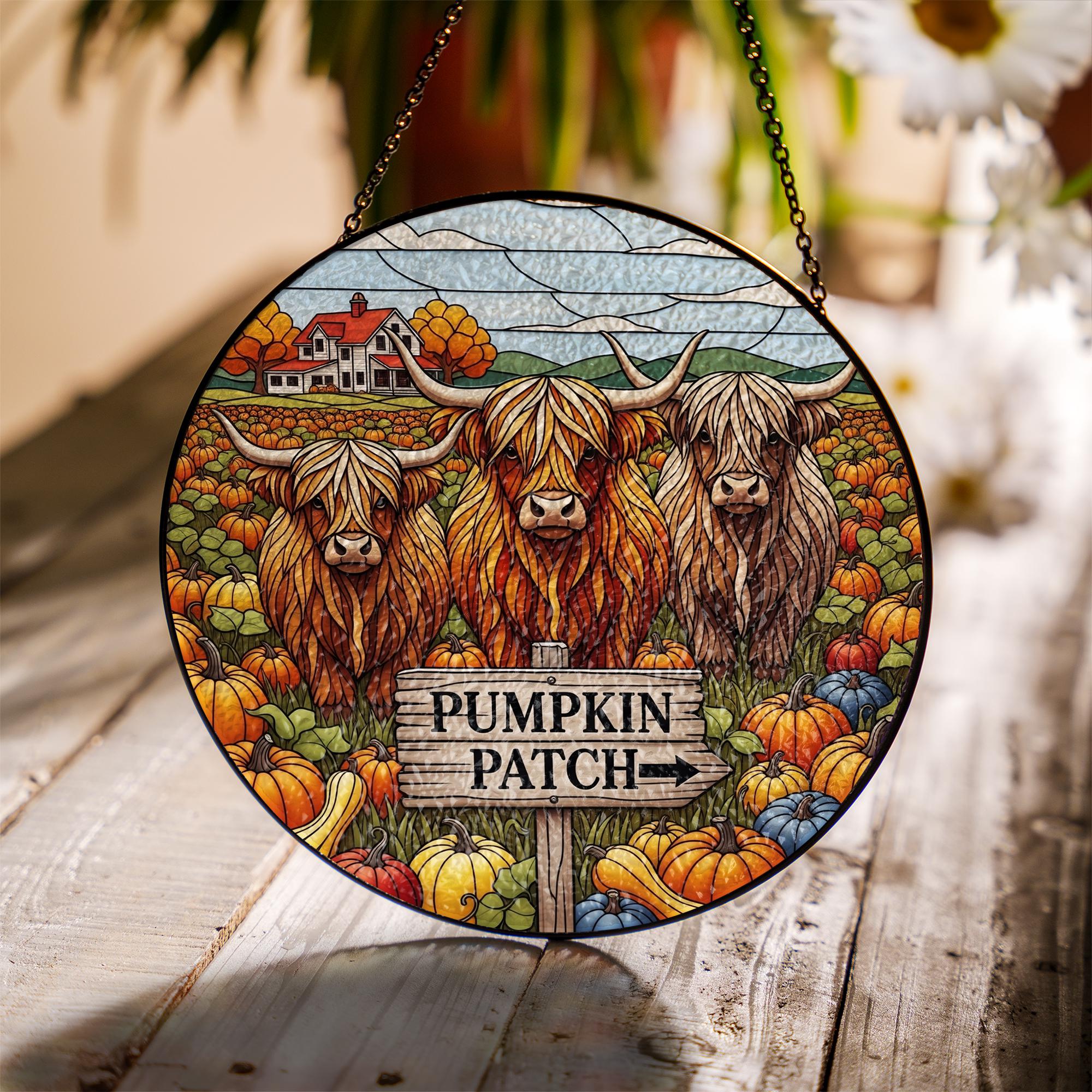 Highland Cow Pumpkin Patch Suncatcher - Faux Stained Glass Autumn Window Hanging | Rustic Farmhouse Fall Decor Gift