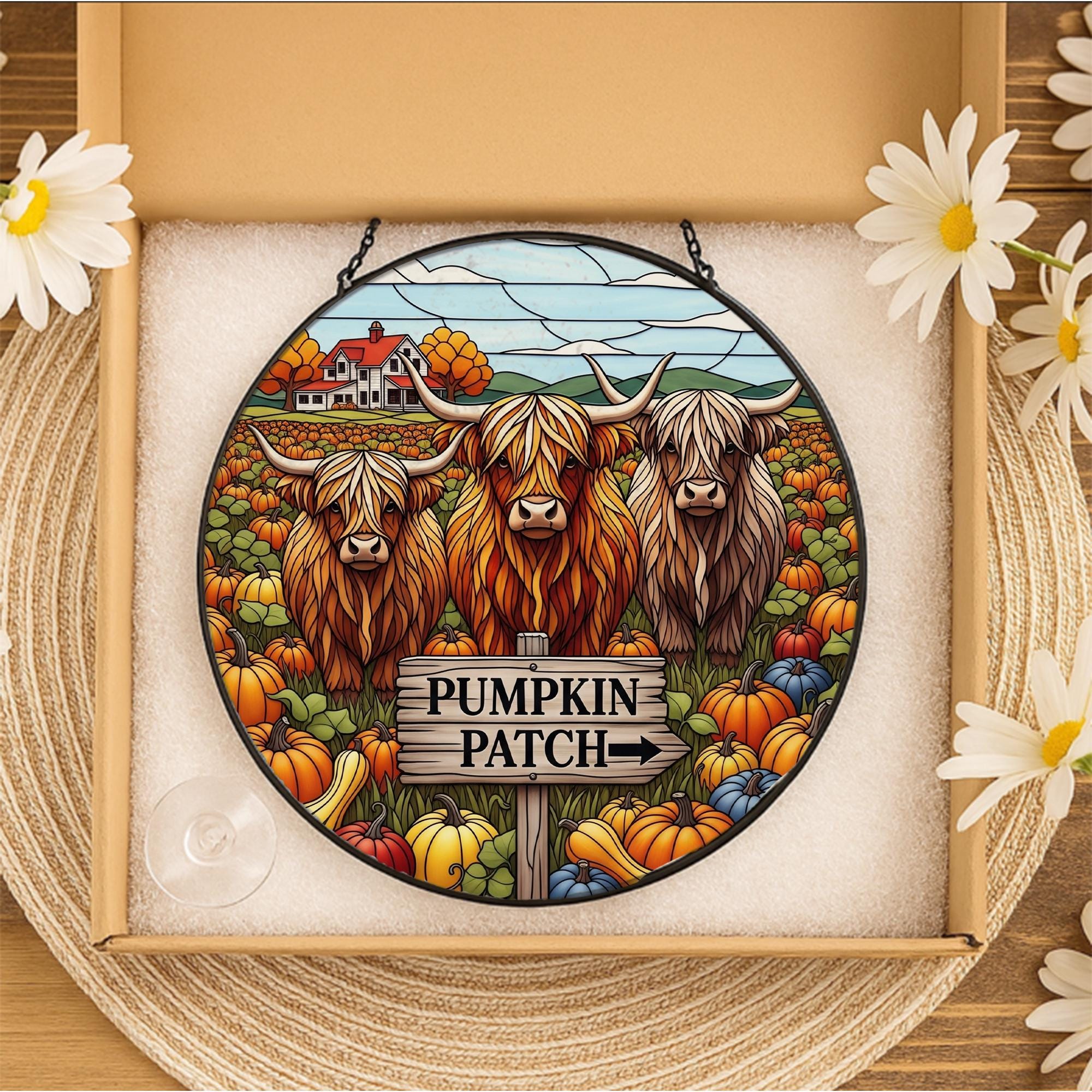 Highland Cow Pumpkin Patch Suncatcher - Faux Stained Glass Autumn Window Hanging | Rustic Farmhouse Fall Decor Gift