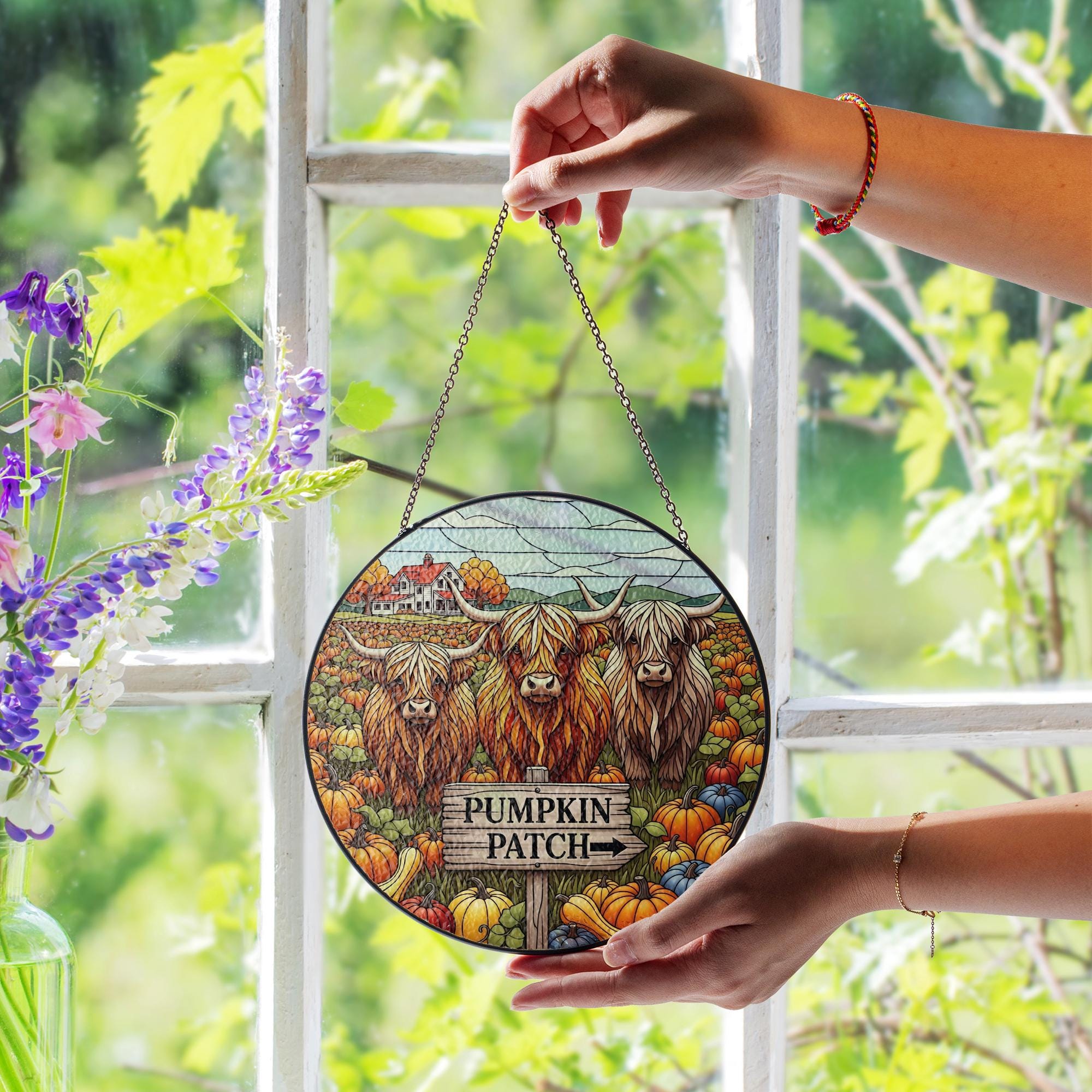 Highland Cow Pumpkin Patch Suncatcher - Faux Stained Glass Autumn Window Hanging | Rustic Farmhouse Fall Decor Gift