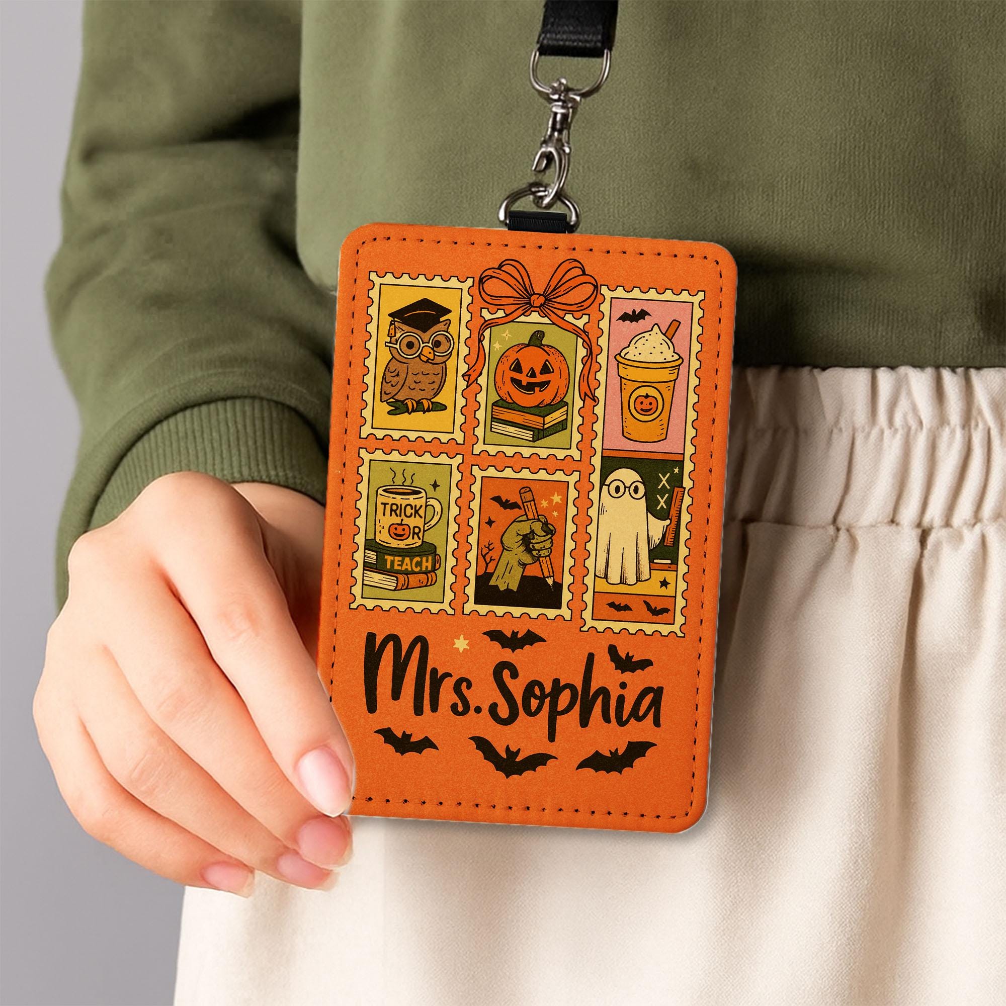 Custom Halloween Teacher Badge Holder | Cute Fall ID Card Holder | Personalized badge Gift for Teachers