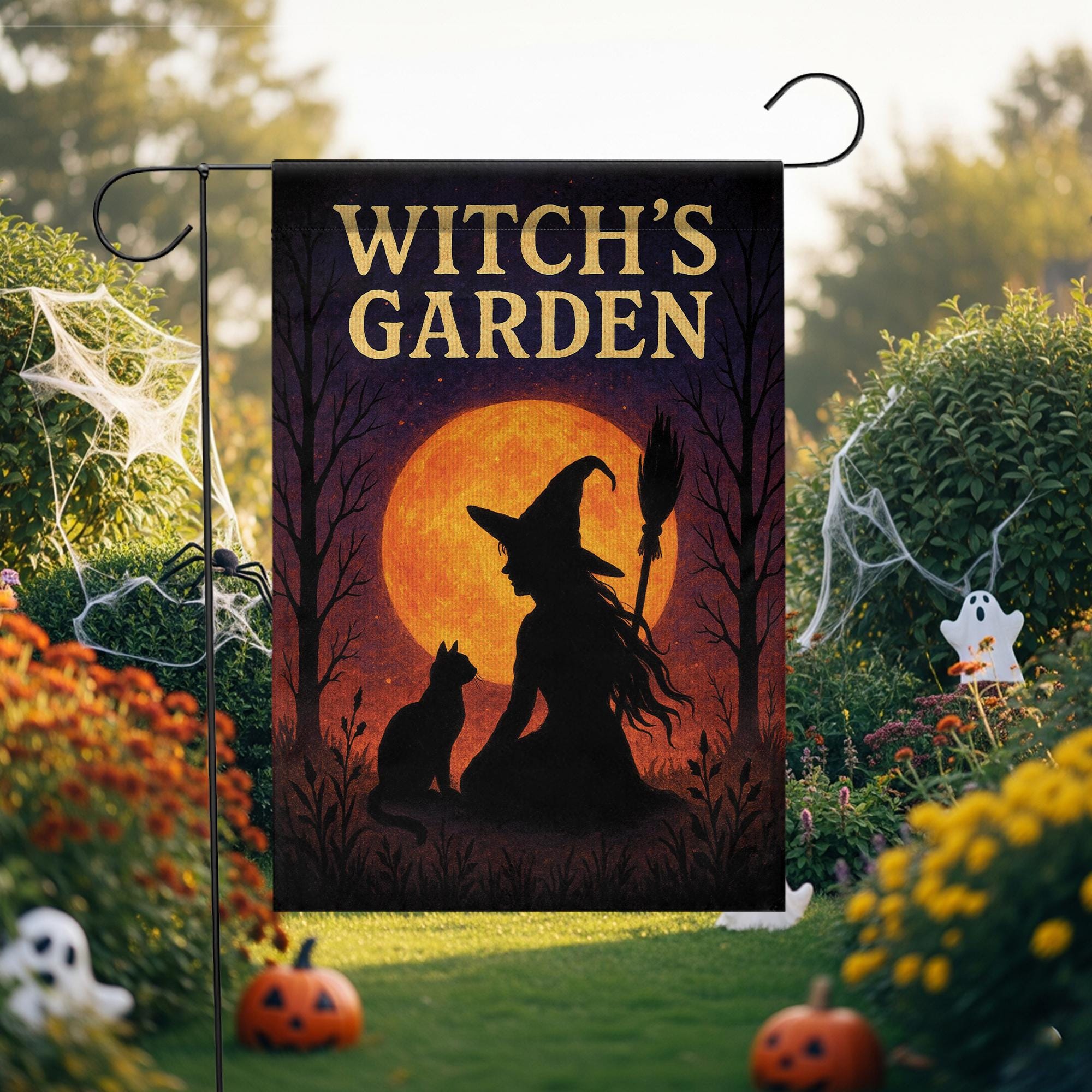Witch Garden Flag, Outdoor Halloween Yard Decor, Witch and Cat Silhouette with Moon, Spooky Garden Banner, Seasonal Porch Decoration