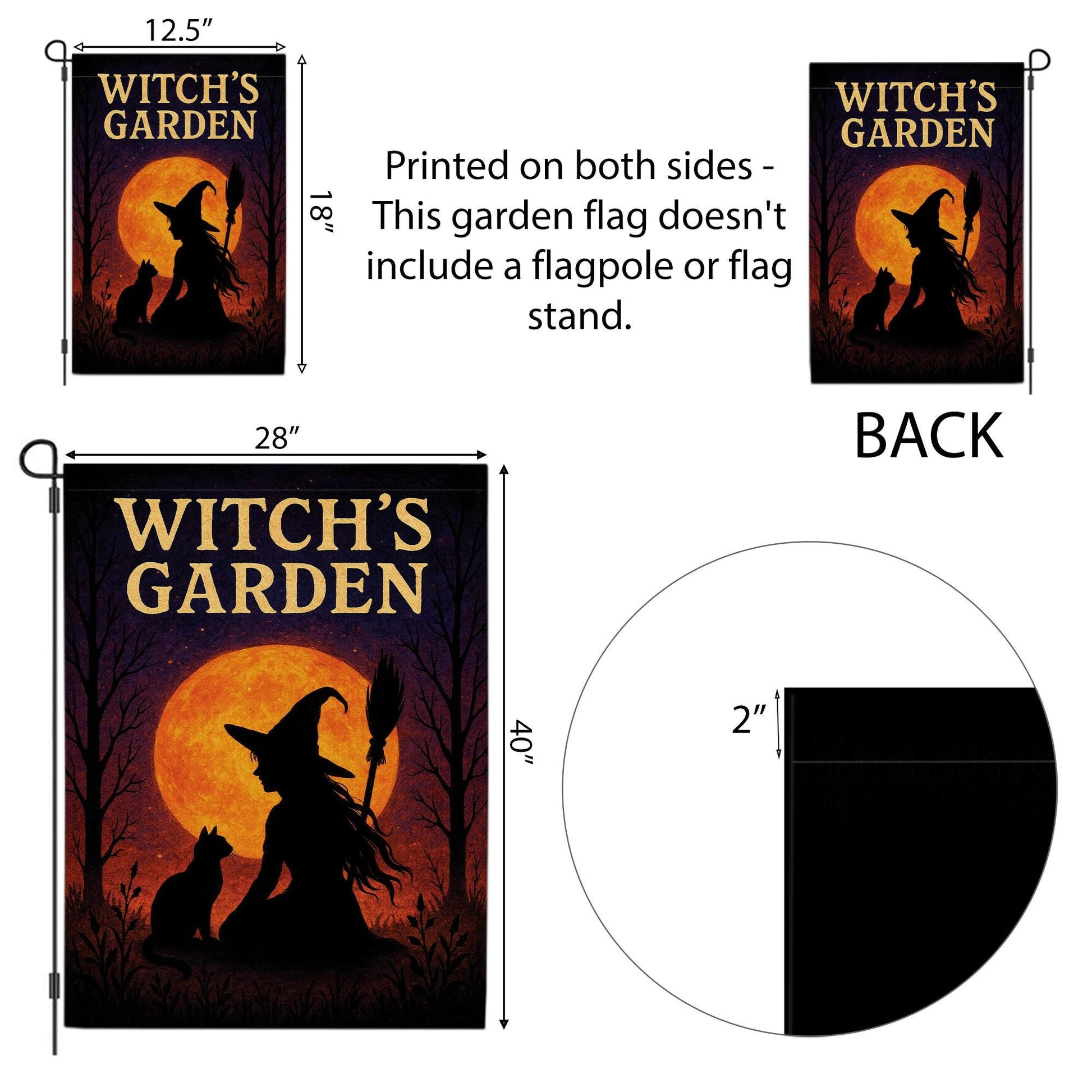 Witch Garden Flag, Outdoor Halloween Yard Decor, Witch and Cat Silhouette with Moon, Spooky Garden Banner, Seasonal Porch Decoration