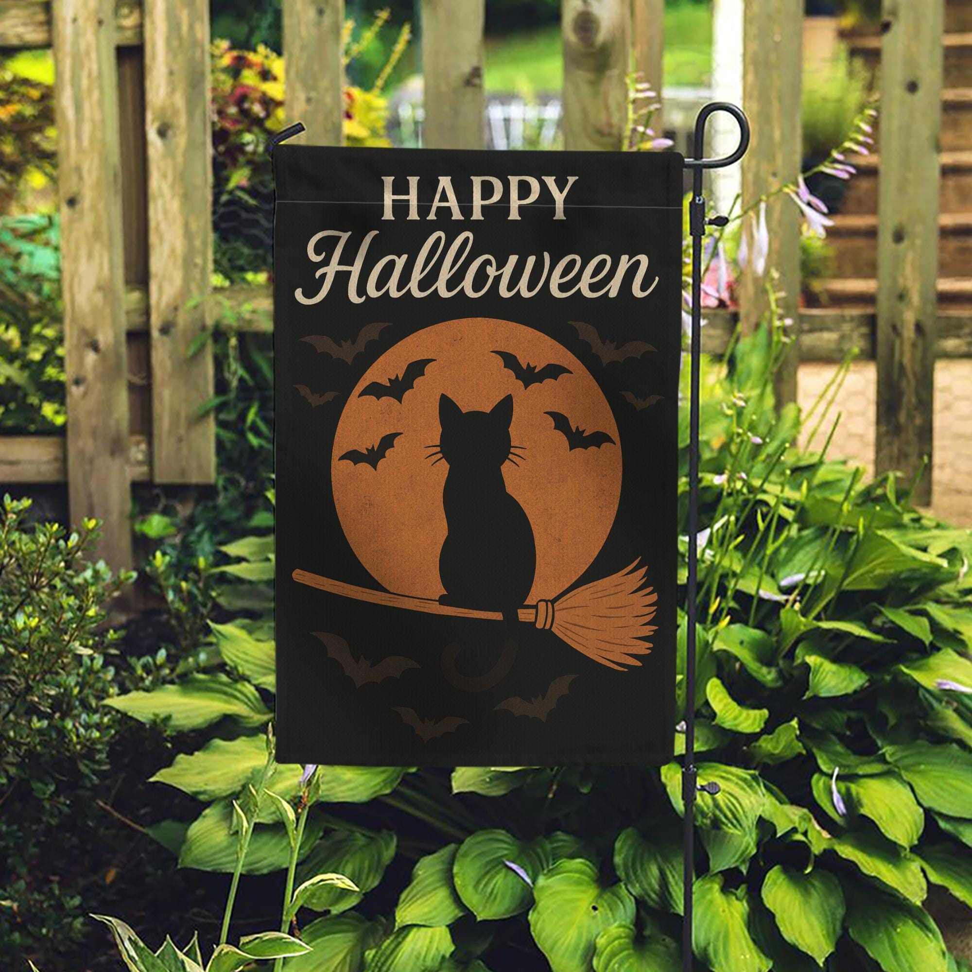 Happy Halloween Garden Flag, Black Cat on Broom Outdoor Decor, Spooky Moon and Bat Yard Banner, Seasonal Porch Decoration