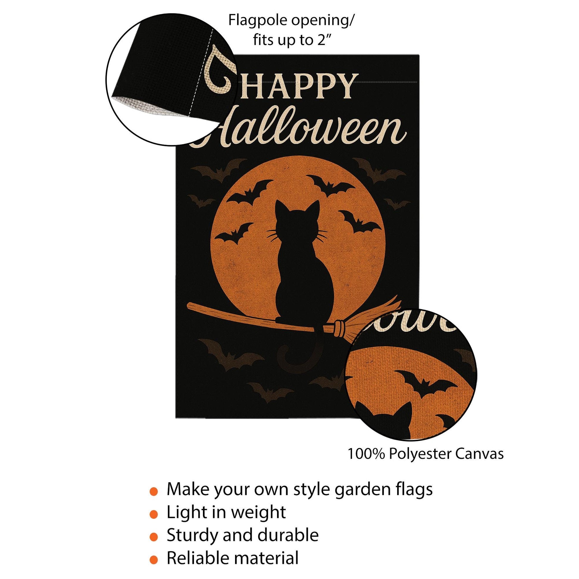 Happy Halloween Garden Flag, Black Cat on Broom Outdoor Decor, Spooky Moon and Bat Yard Banner, Seasonal Porch Decoration