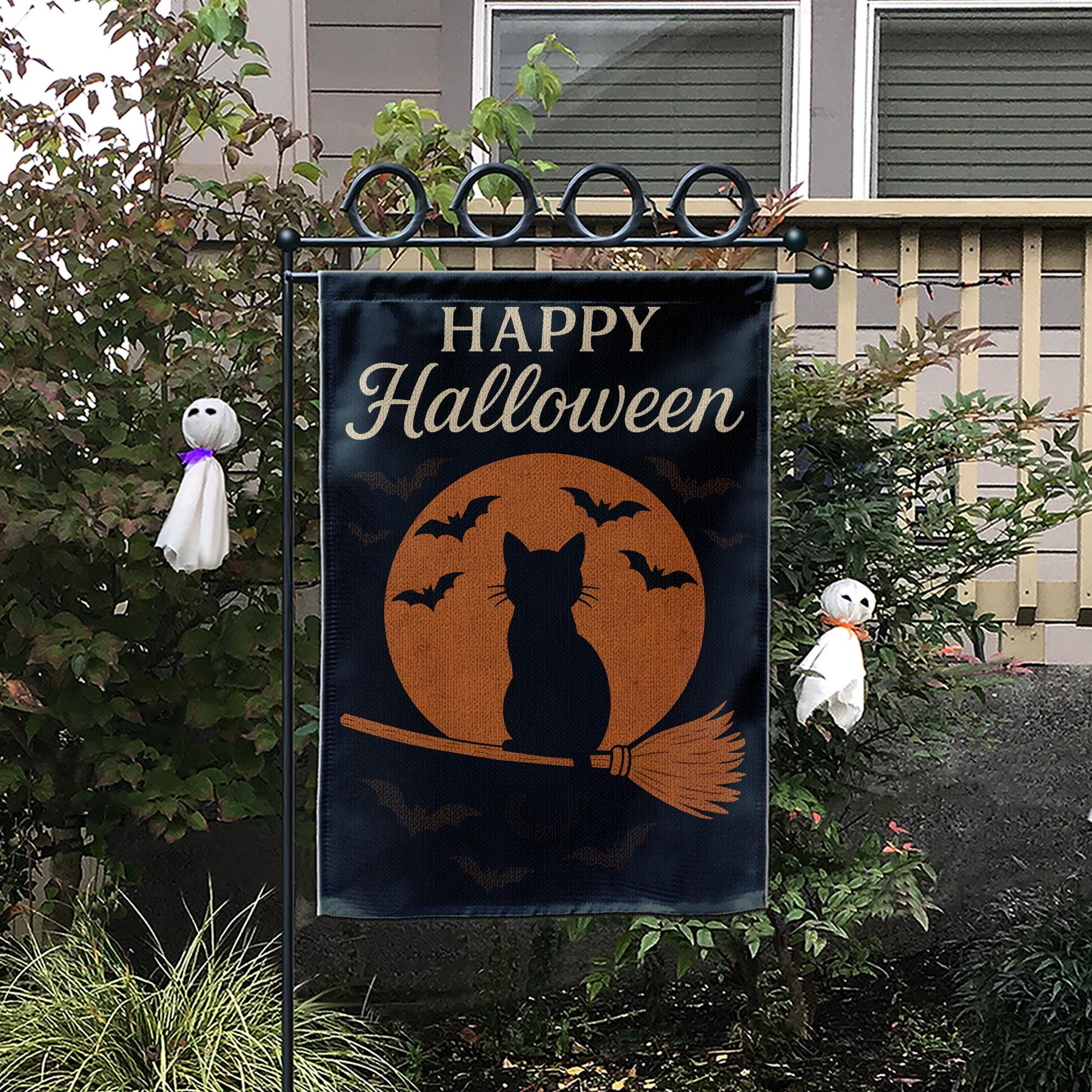 Happy Halloween Garden Flag, Black Cat on Broom Outdoor Decor, Spooky Moon and Bat Yard Banner, Seasonal Porch Decoration