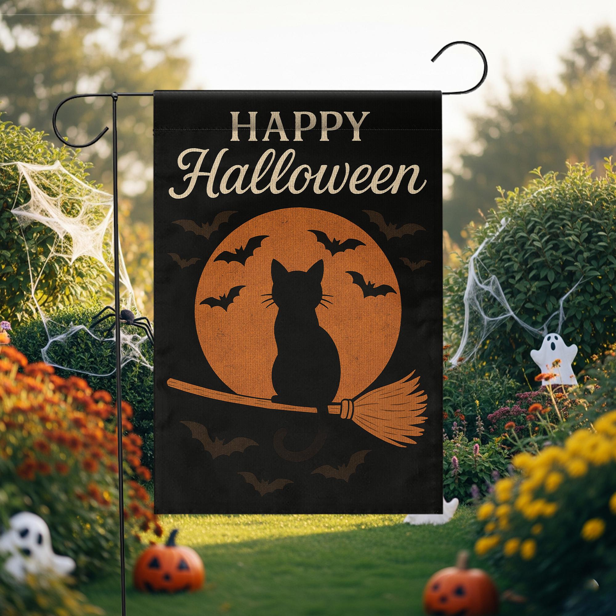 Happy Halloween Garden Flag, Black Cat on Broom Outdoor Decor, Spooky Moon and Bat Yard Banner, Seasonal Porch Decoration