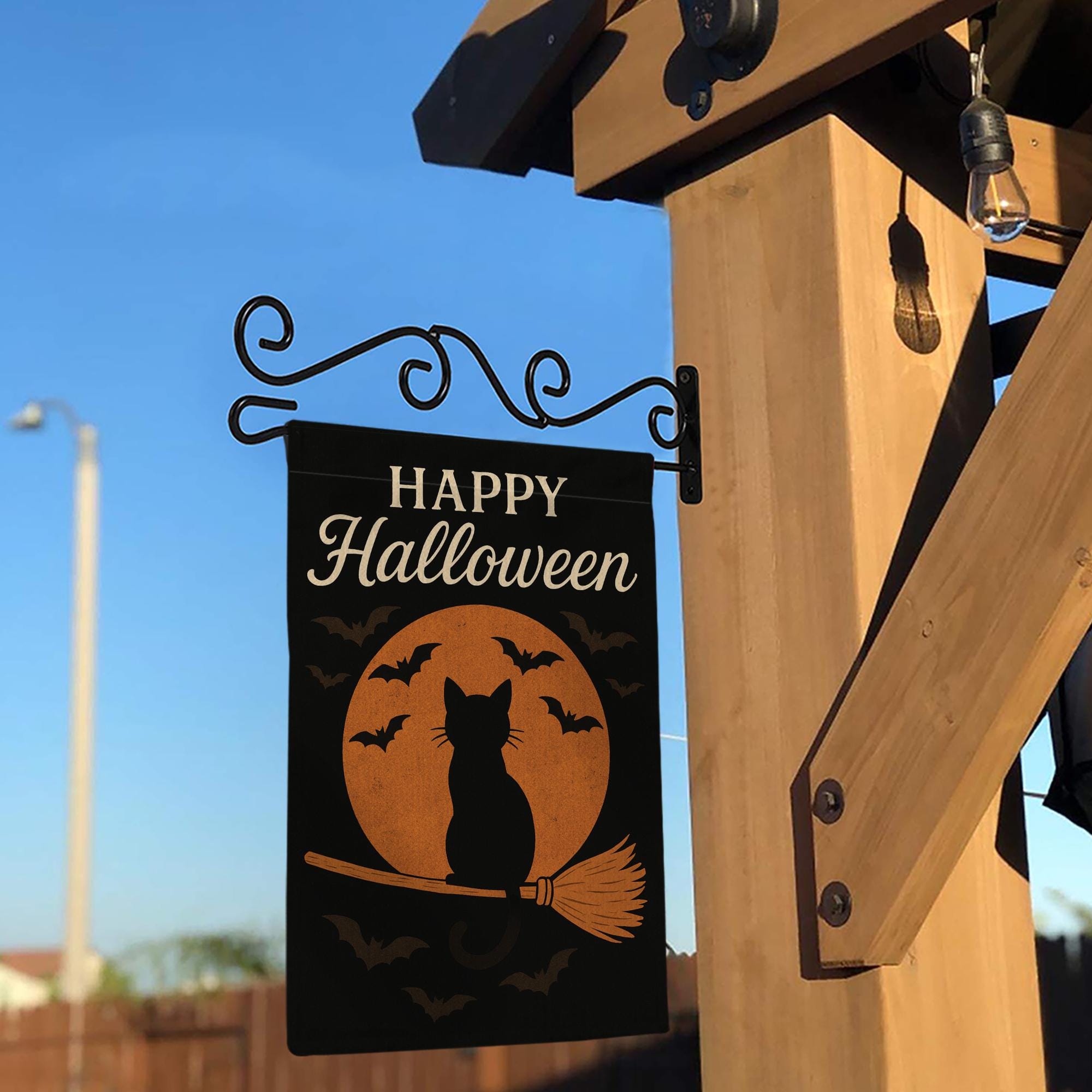 Happy Halloween Garden Flag, Black Cat on Broom Outdoor Decor, Spooky Moon and Bat Yard Banner, Seasonal Porch Decoration