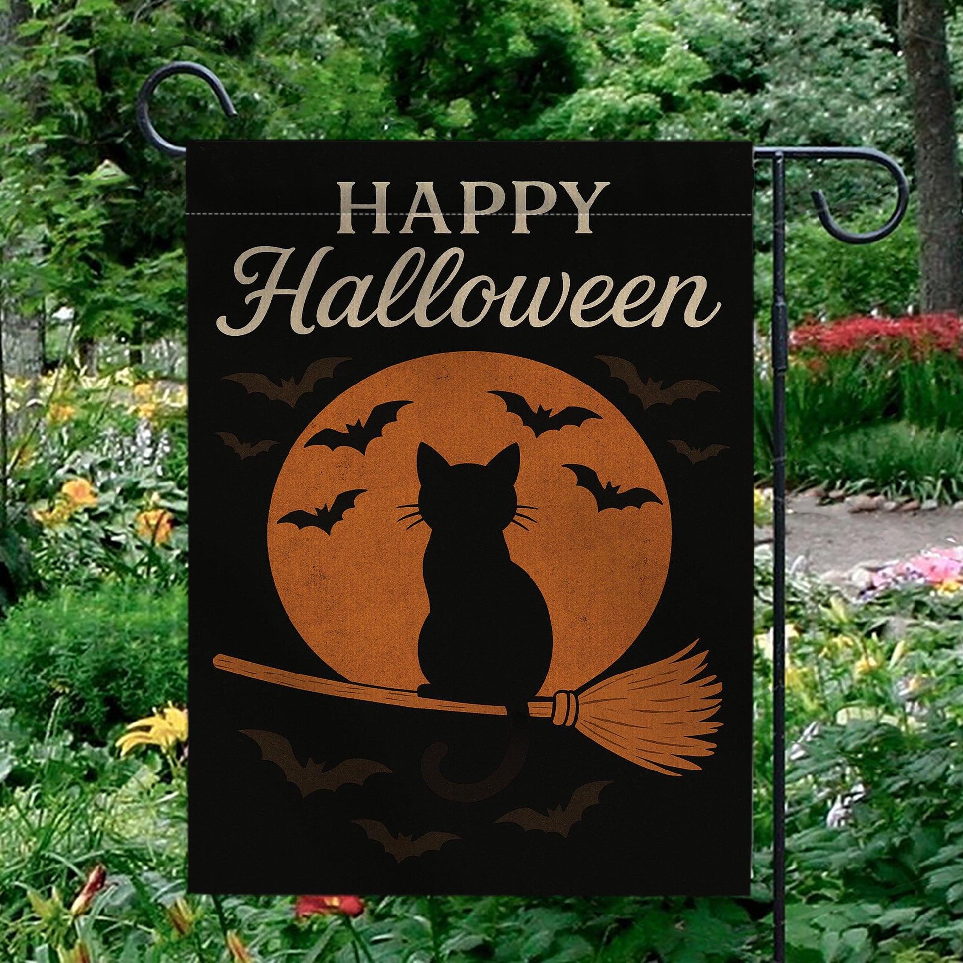 Happy Halloween Garden Flag, Black Cat on Broom Outdoor Decor, Spooky Moon and Bat Yard Banner, Seasonal Porch Decoration
