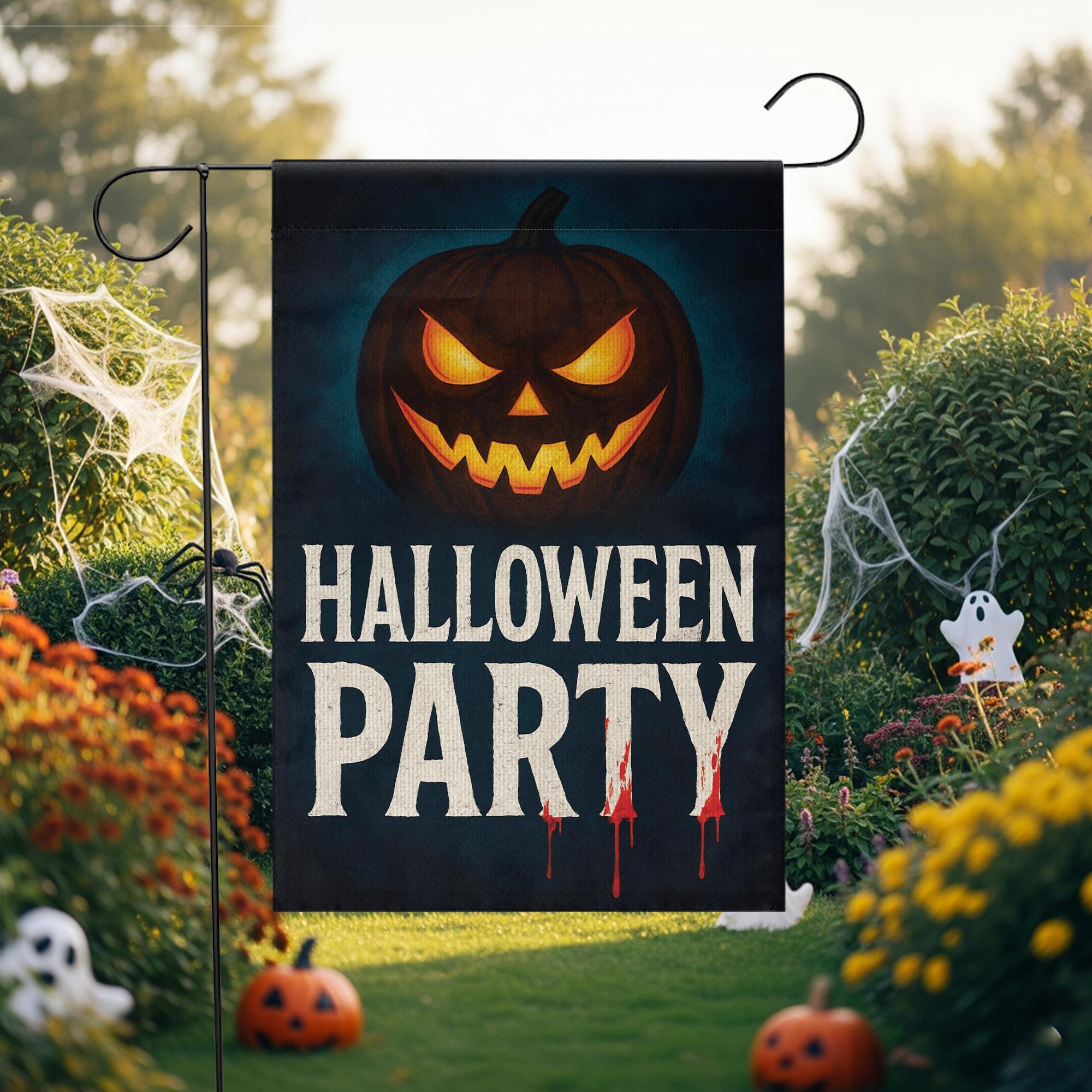 Halloween Party Garden Flag, Scary Pumpkin Jack O Lantern Yard Decor, Spooky Outdoor Banner, Haunted House Party Decoration
