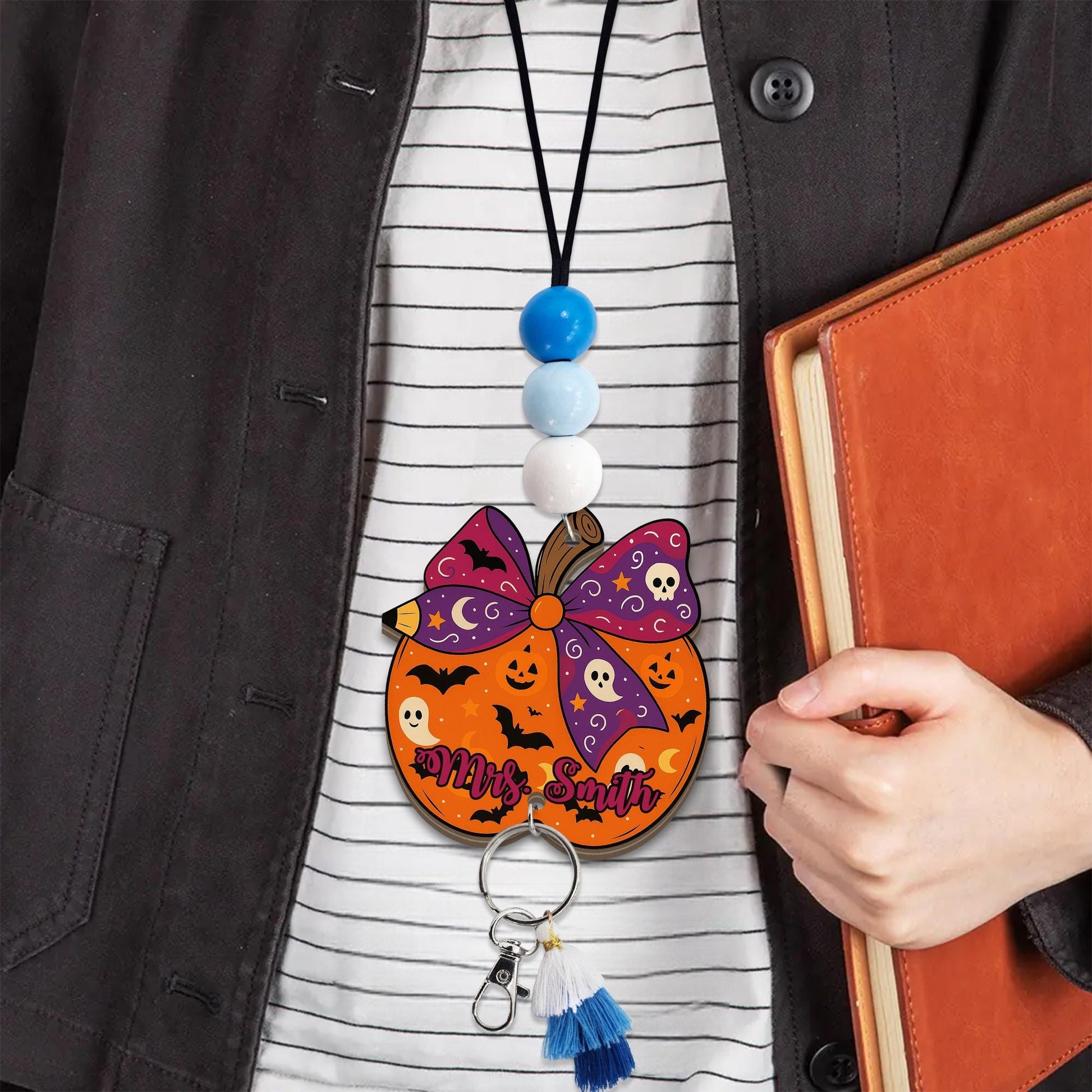Custom Halloween Teacher Lanyard | Beaded Pumpkin ID Badge Holder | Personalized Fall Classroom Gift